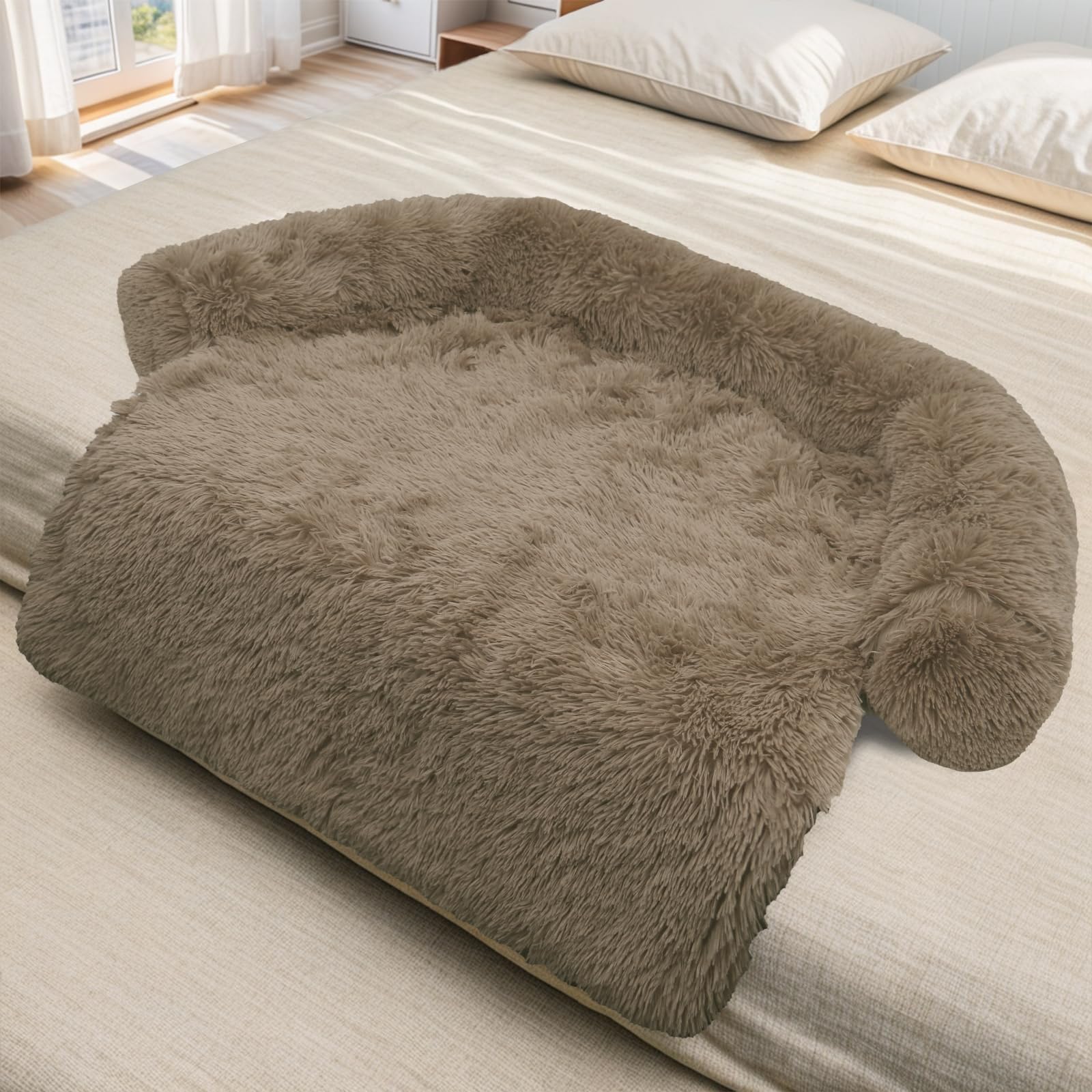 Calming Dog Bed Fluffy Plush Dog Mat For Furniture Protector With Removable Washable Cover For Large Medium Small Dogs And Cats (Medium(41X37X6), Camel)