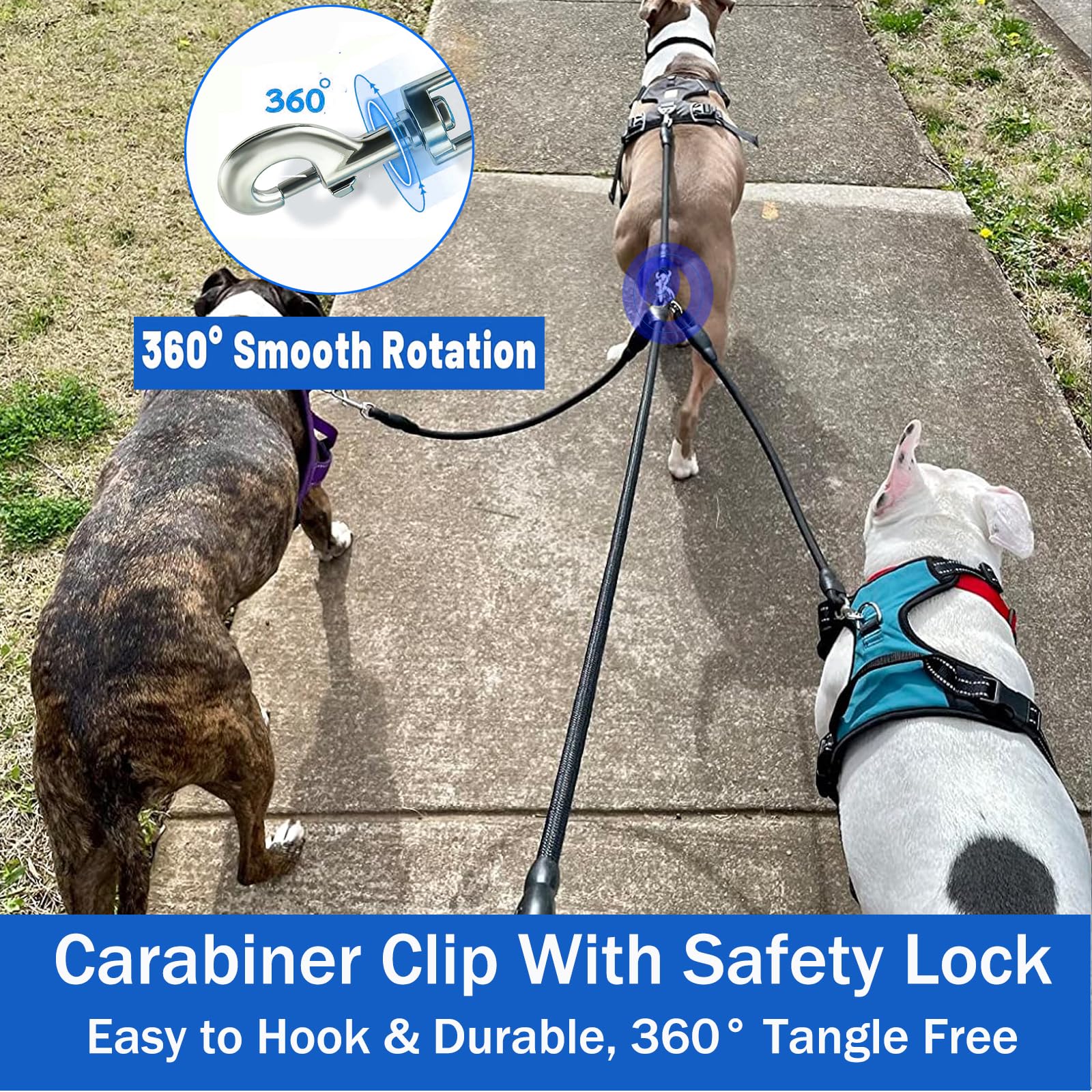 3 Dog Leash No Tangle Heavy Duty Detachable 360° Swivel Device Multiple Dog Leash With Padded Handle For Two/Three Pets (30-200 Lbs)