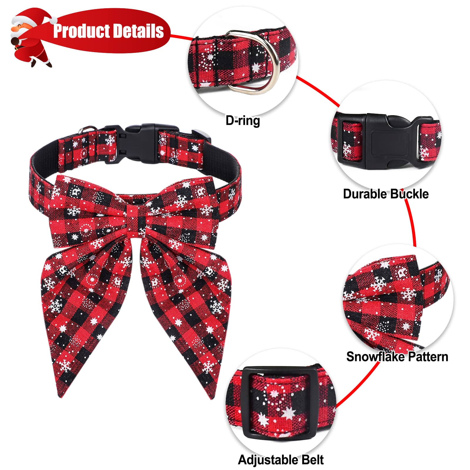 Malier Christmas Dog Collar With Bow Tie, Classic Buffalo Plaid Dog Christmas Collars With Durable Buckle Holiday Dog Collar For Small Medium Large Dogs Puppy (Snowflake Red & Black Plaid, Large)