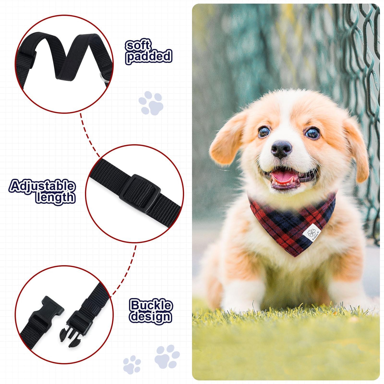 E-Clover Plaid Dog Collar-Dog Bandana Collar & Matching Scrunchie Adjustable Boy Dog Collars For Small Medium Dogs Owner Gift Re