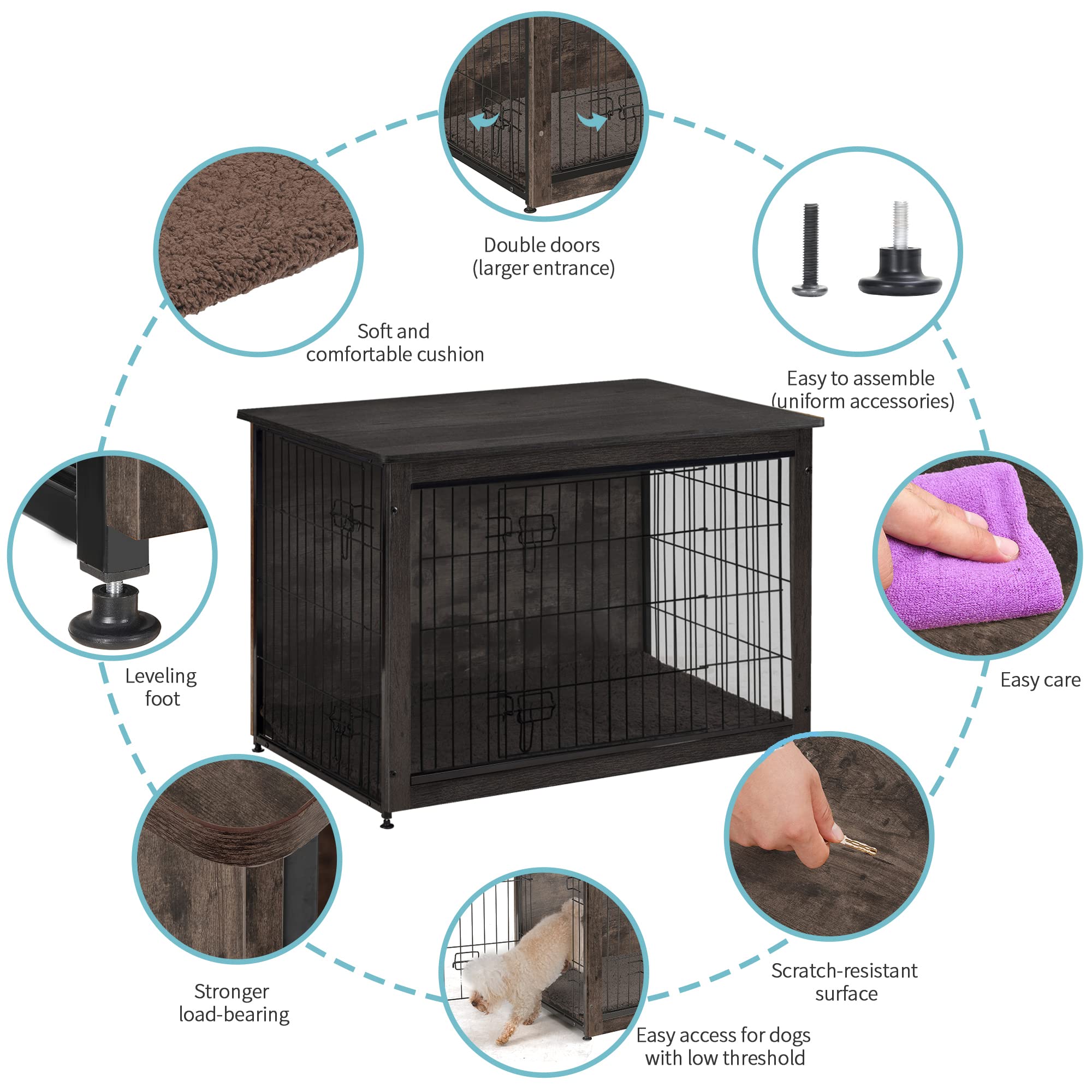 DWANTON Dog Crate Furniture with Cushion, Wooden Kennel Table with Double Doors, Indoor Dog House, Large Size, 38.5 L, Dark Gray