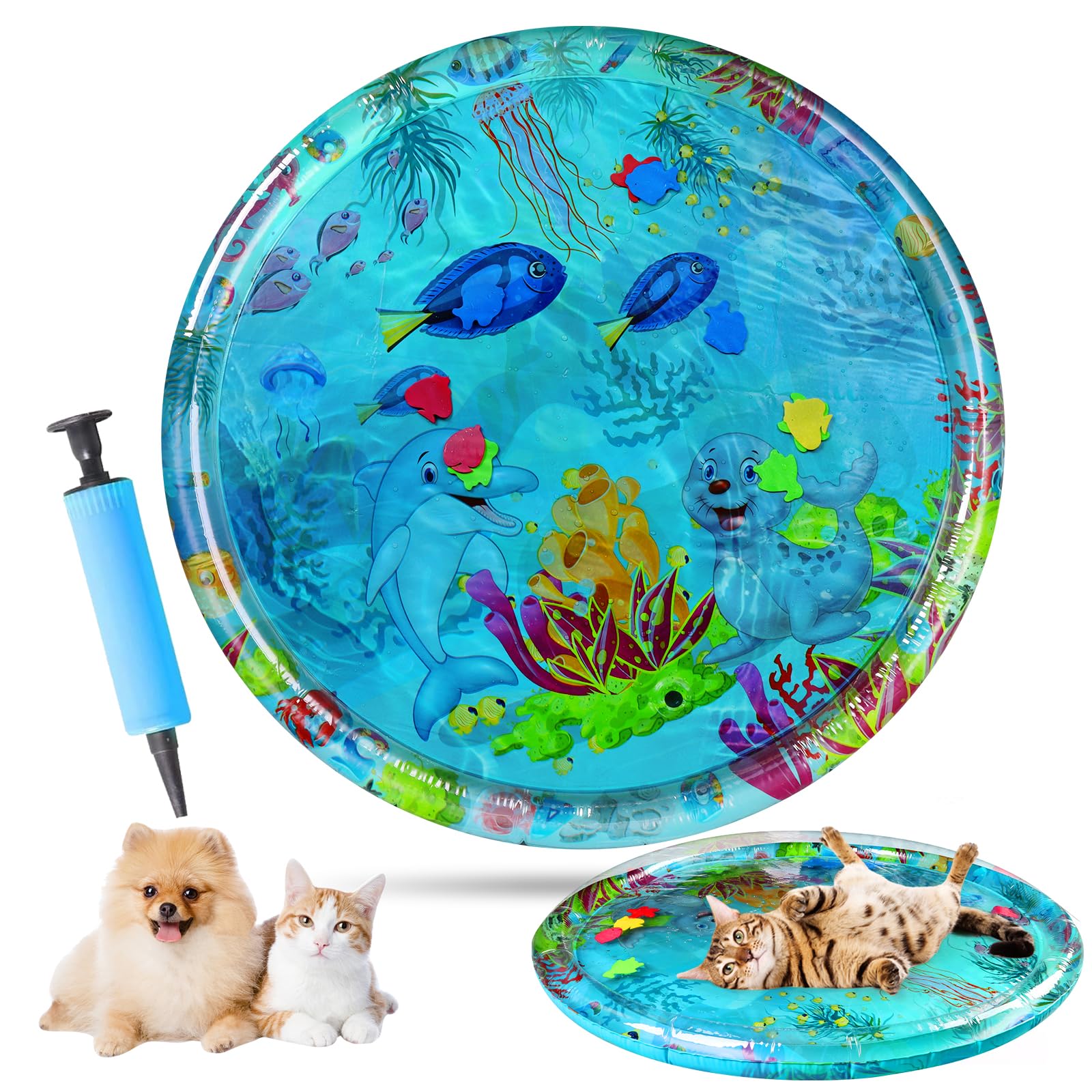 Water Sensory Play Mat for Cats,Cat Water mat with Fish,Anti-Scratch Water Mat for Cats,Durable & Easy-Clean Playmat. (Large,Ani