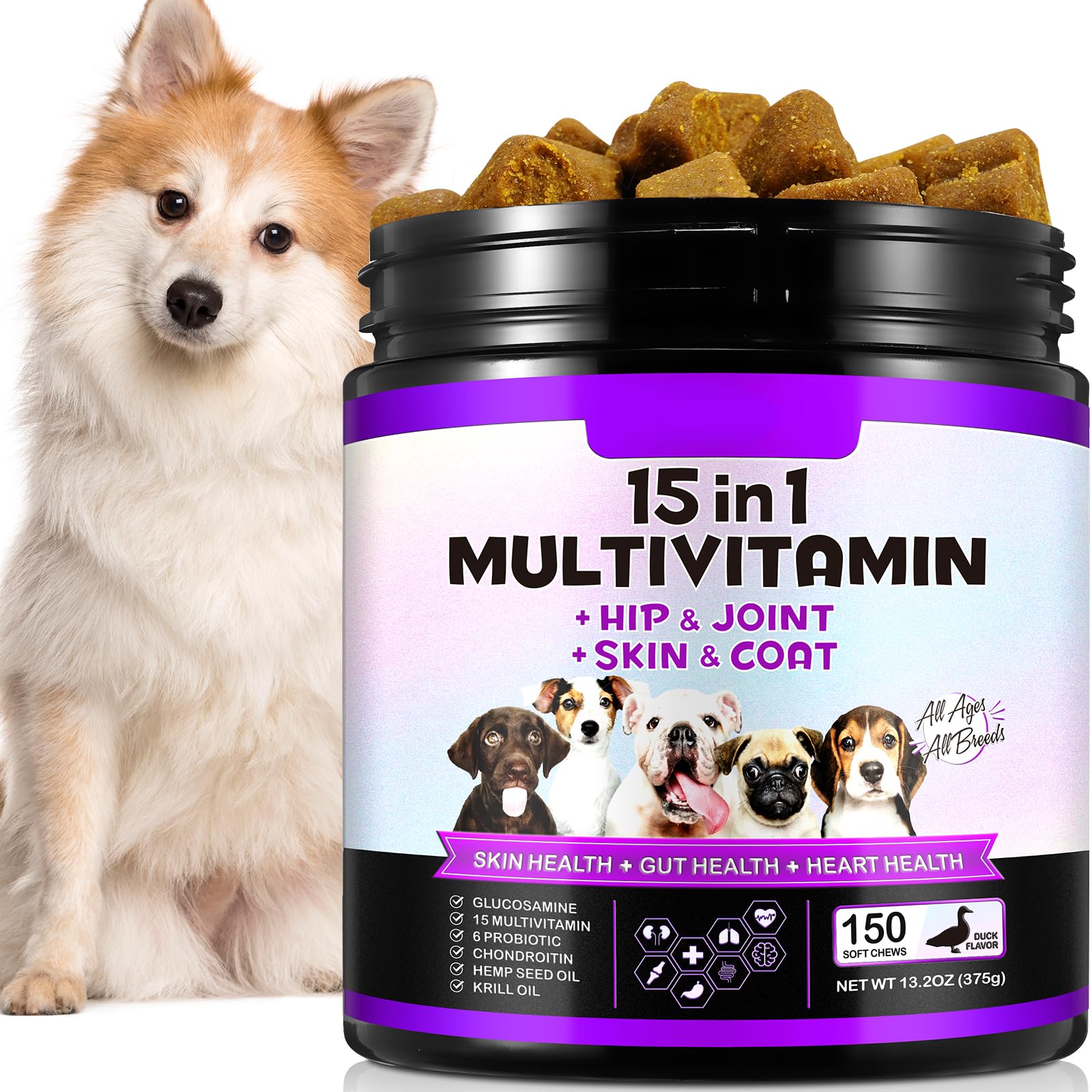 15-in-1 Dog Multivitamin Supplements with Glucosamine & Probiotics,Natural Daily Vitamins Chews for Dogs,Pet Health Support-Skin