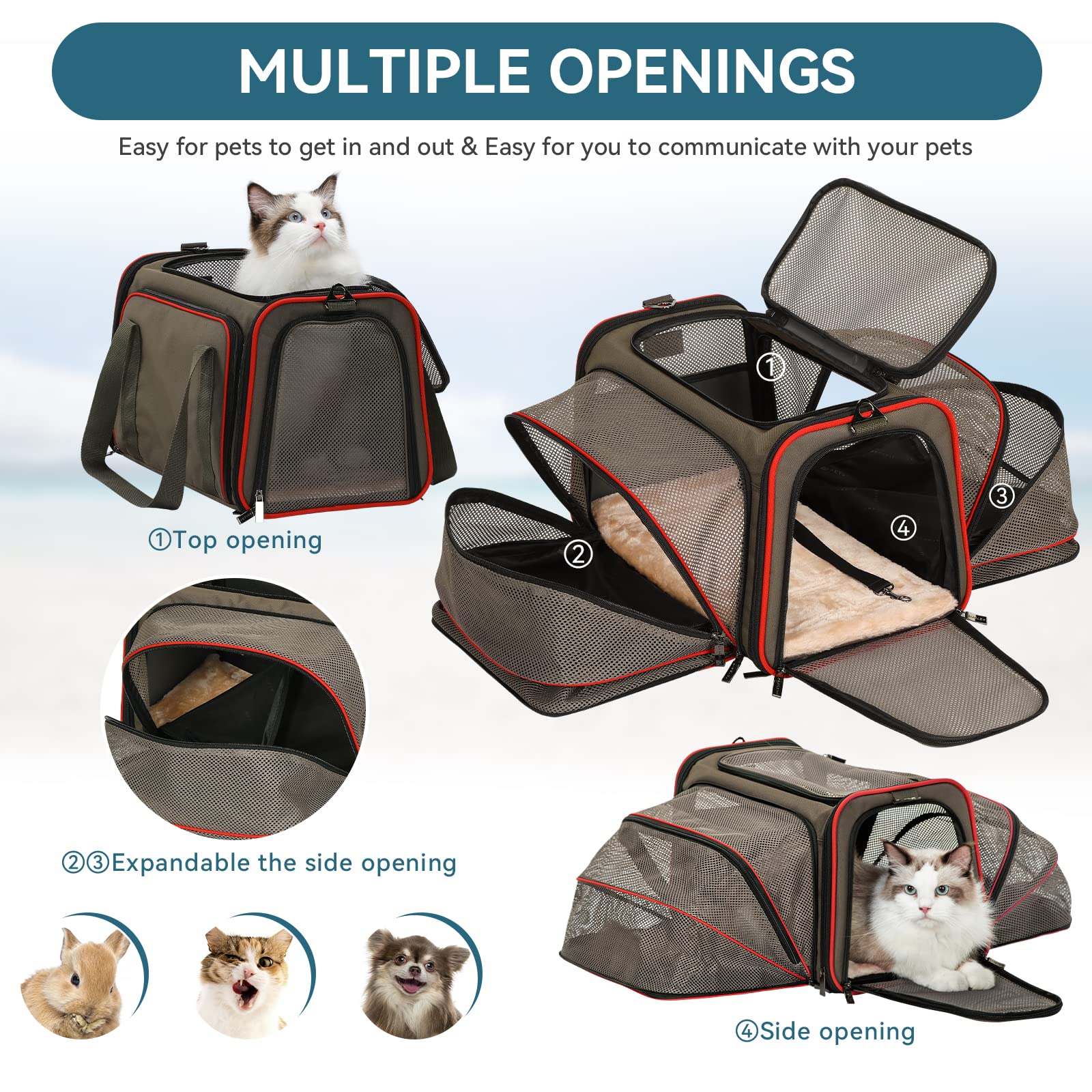 Petsfit 2 Side Expandable Pet Carrier Dog Carrier Cat Carrier For 2 Cats, 19' Lx 12' Wx 12' H, With Soft Cushion, Built-In Safety Rope, Pockets, Fit For Car Travel
