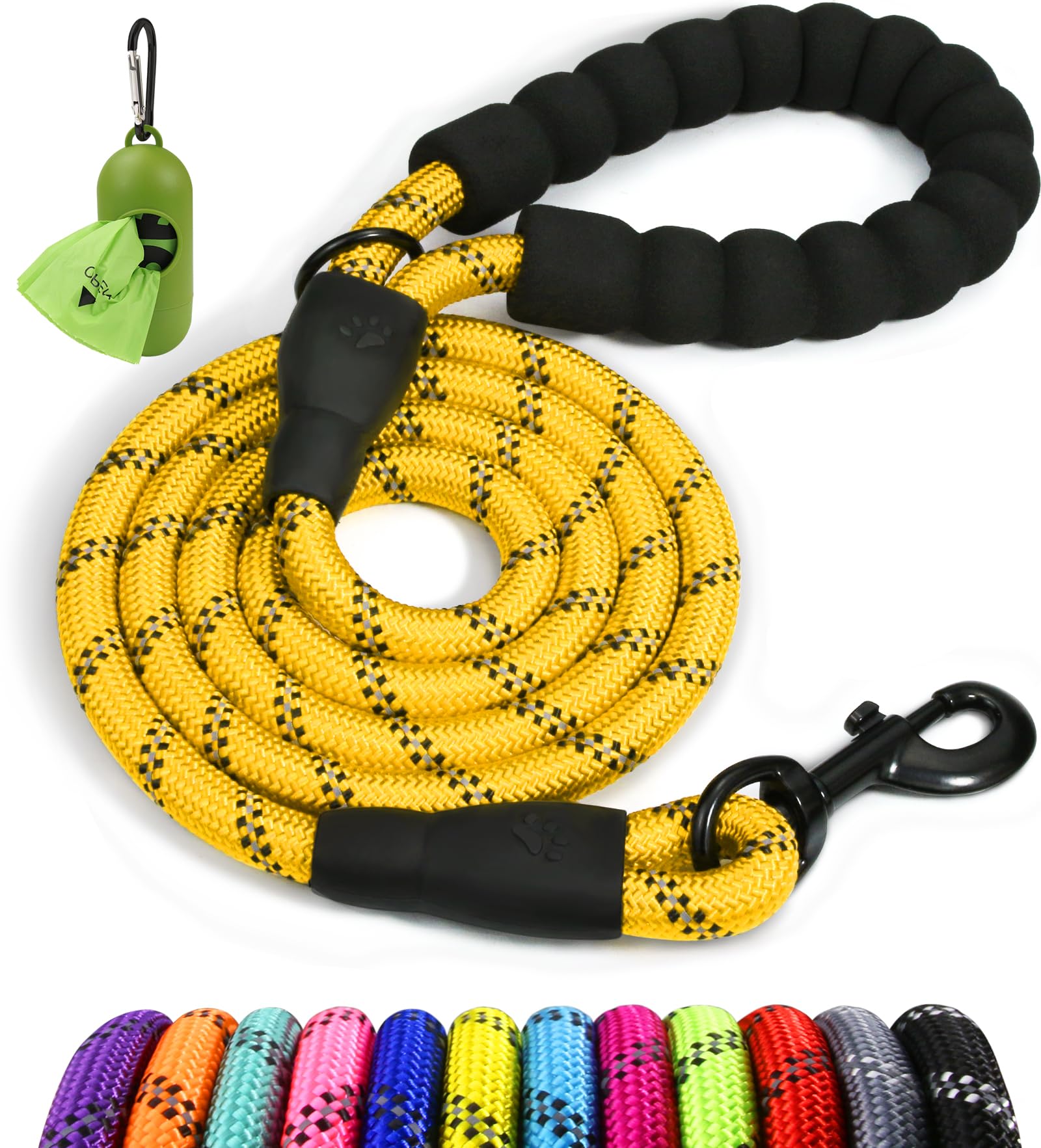 Taglory Rope Dog Leash 5 Ft With Comfortable Padded Handle, Highly Reflective Threads Leash For Medium Large Dogs, 1/2 Inch, Yel