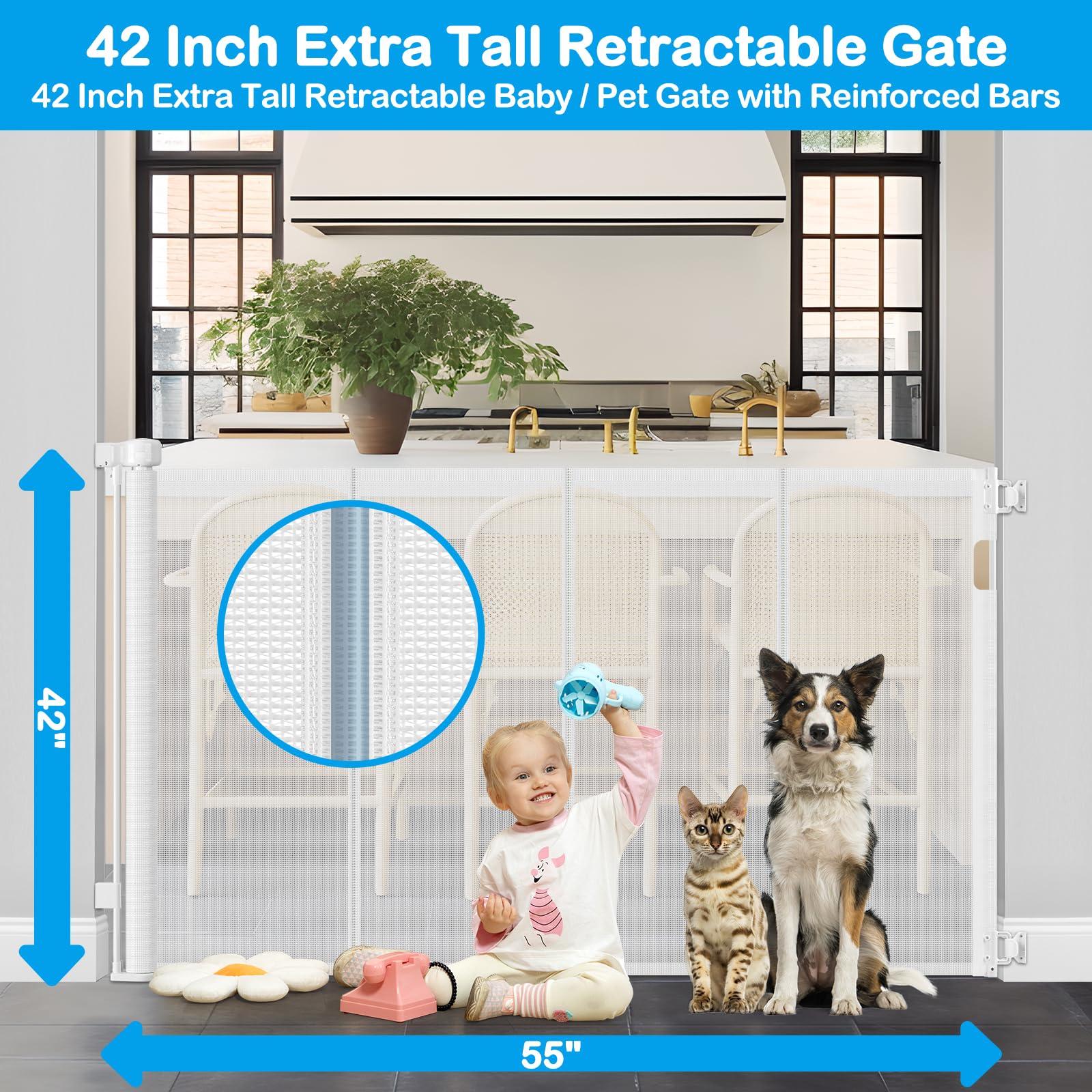 HEELALBABY 42" Extra Tall Retractable Baby Gate, 55" Wide, White, Anti-Scratch PVC Mesh, Model BAQXL64