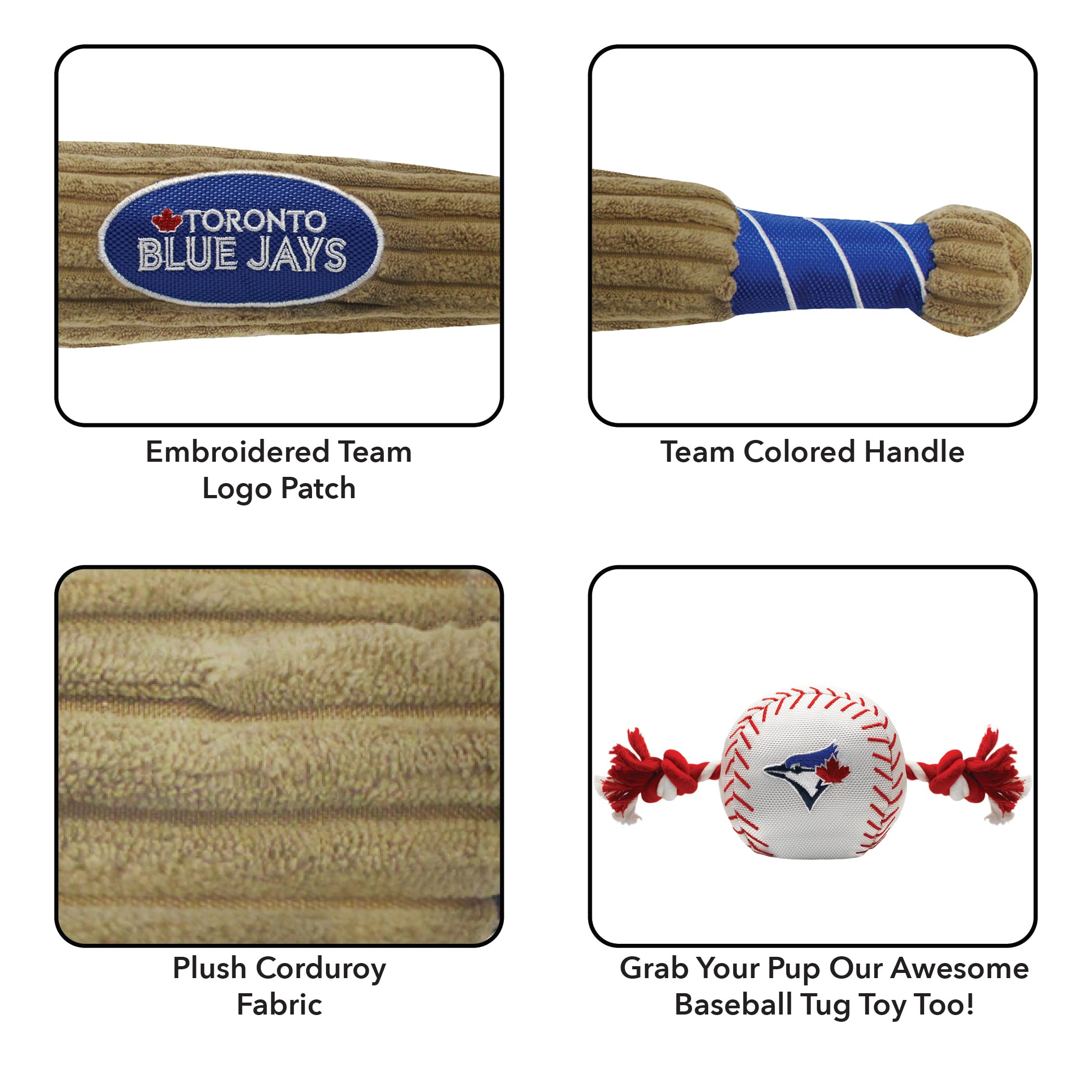 Mlb Toronto Blue Jays Baseball Bat Toy For Dogs & Cats. Soft Corduroy Plush Dog Toy With Inner Squeaker, Mlb Chew Toys For Dogs