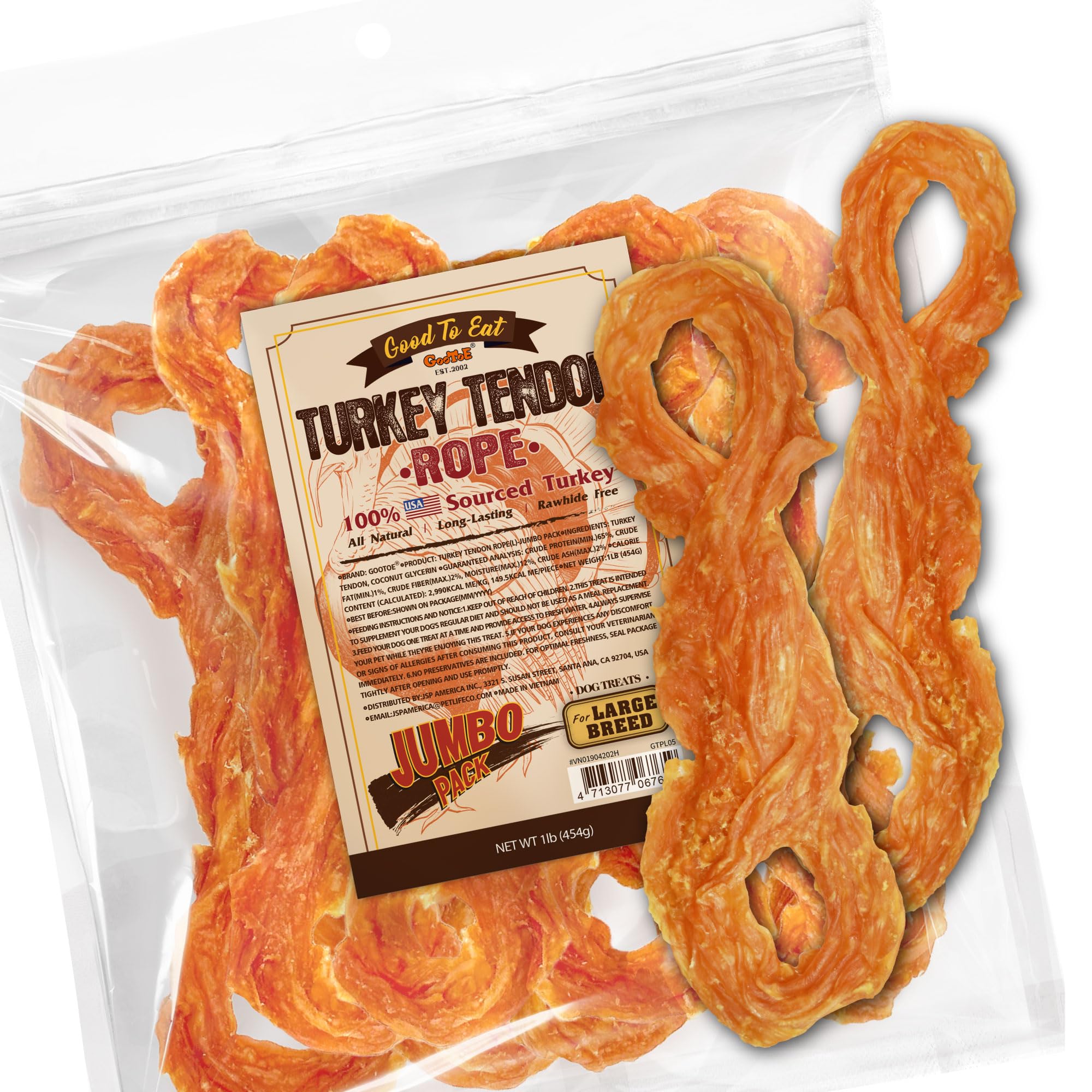 Gootoe Turkey Tendon Dog Treats, Rope (L) 1 lb, 100% USA Sourced Turkey, Natural Snack, Premium Puppy Chews, Hypoallergenic, Raw