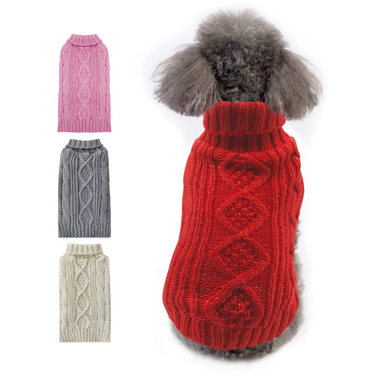 Kyeese Dog Sweaters With Golden Thread Red Turtleneck Dog Cable Knit Pullover Cold Weather Pet Sweater