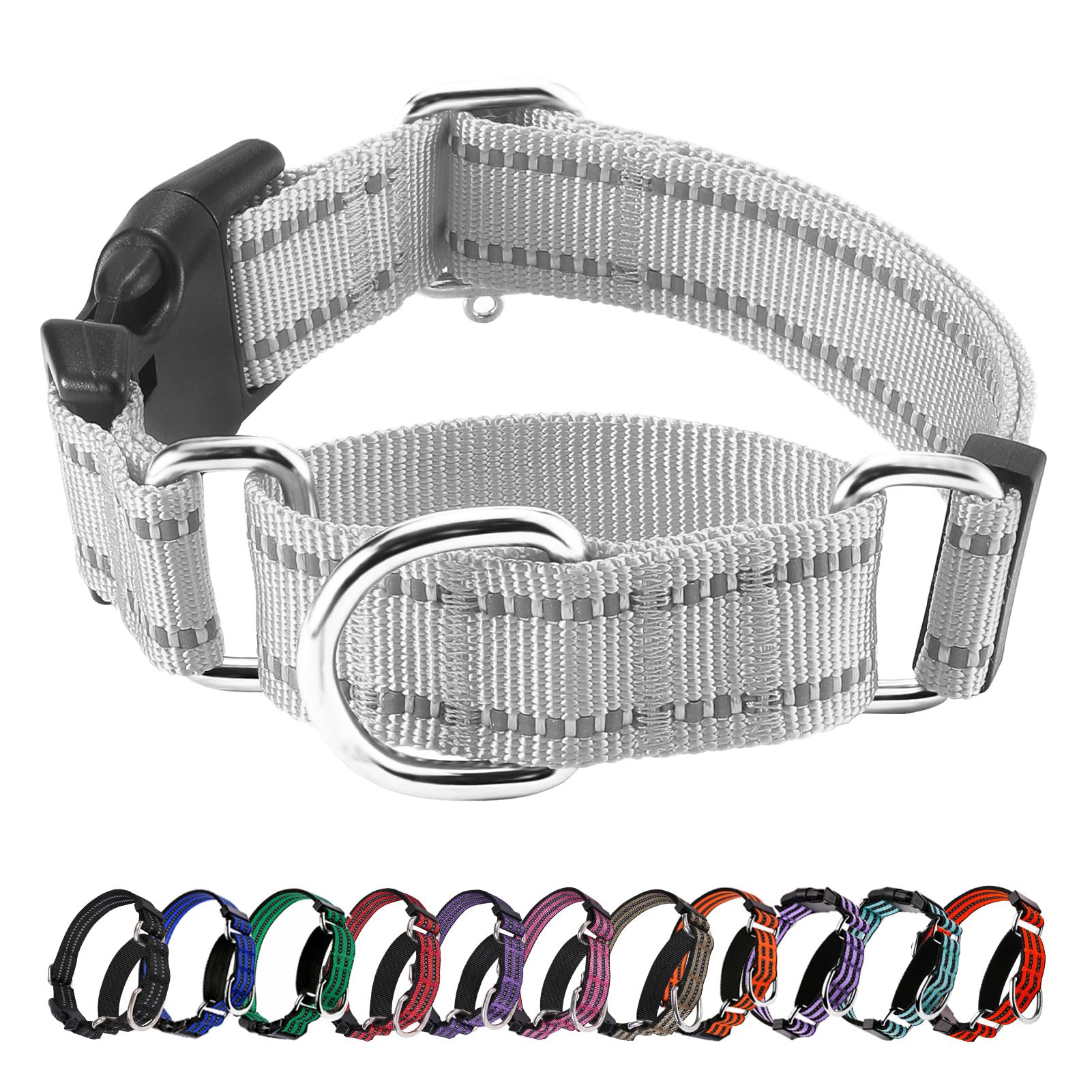 Hikiko Reflective Martingale Dog Collars With Buckle Nylon Adjustable No Slip Training Pet Collar (Medium, Sliver Grey)