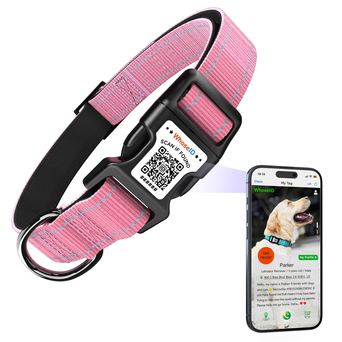 Dog Collar With Qr Code, Reflective Pet Collar, Soft Neoprene Padded & Safety Locking Buckle Adjustable Puppy Collar (Xs,Pink)