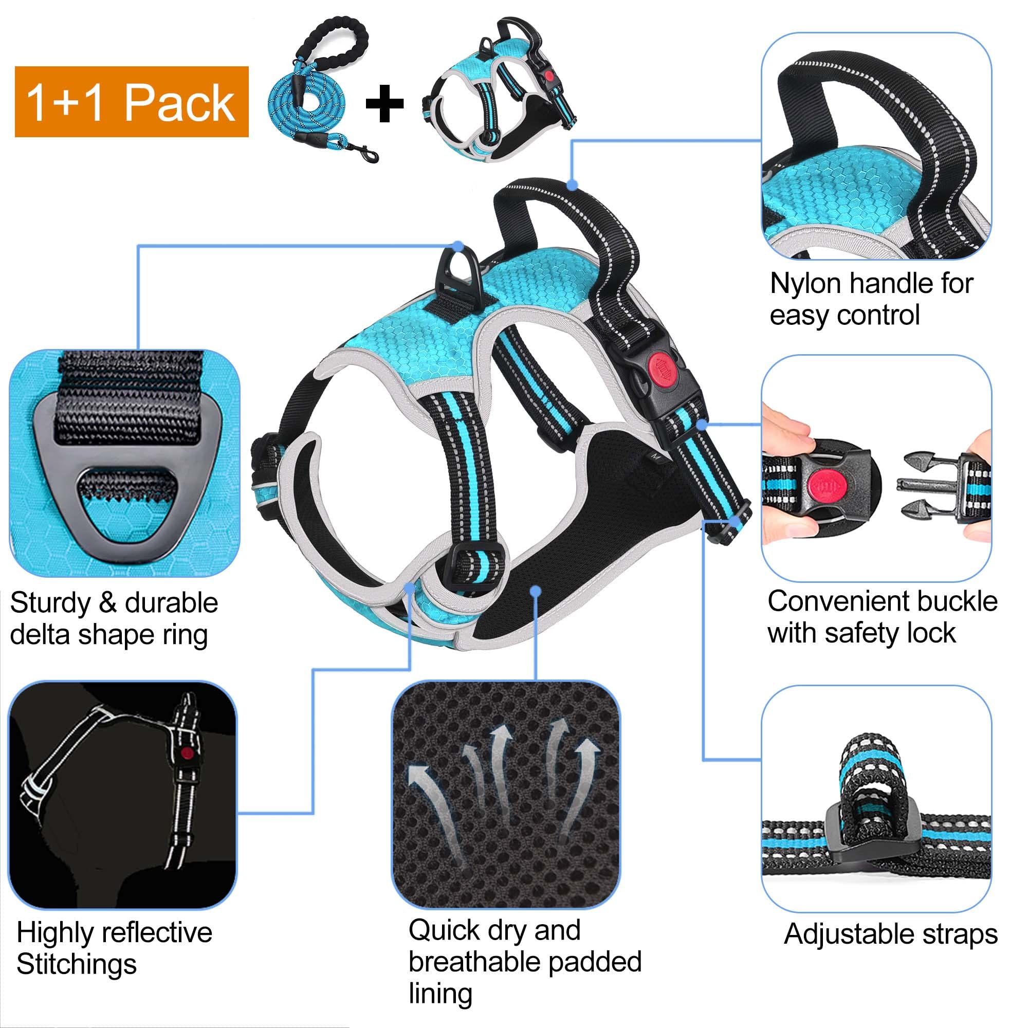 Tobedri No Pull Dog Harness Adjustable Reflective Oxford Easy Control Medium Large Dog Harness With A Free Heavy Duty 5Ft Leash