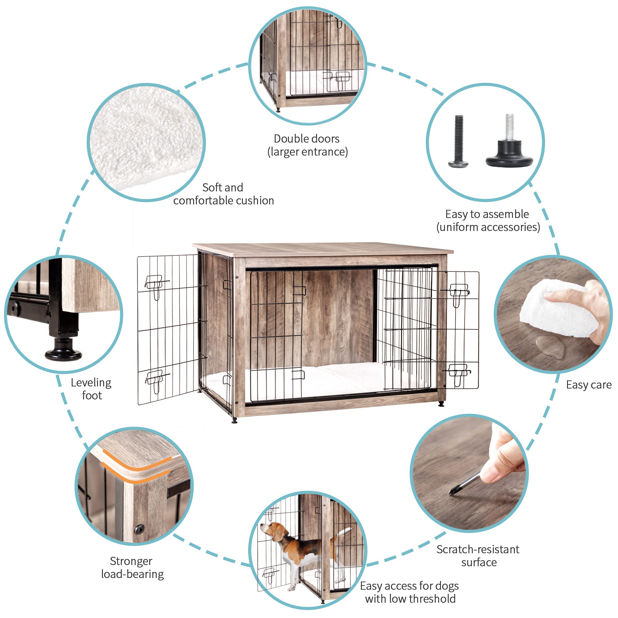 Dwanton Dog Crate Furniture With Cushion, Xl Wooden Dog Crate With Double Doors, Large Dog Crate Furniture, Dog Kennel Indoor, Dog House, Extra Large, 43.3' L, Greige