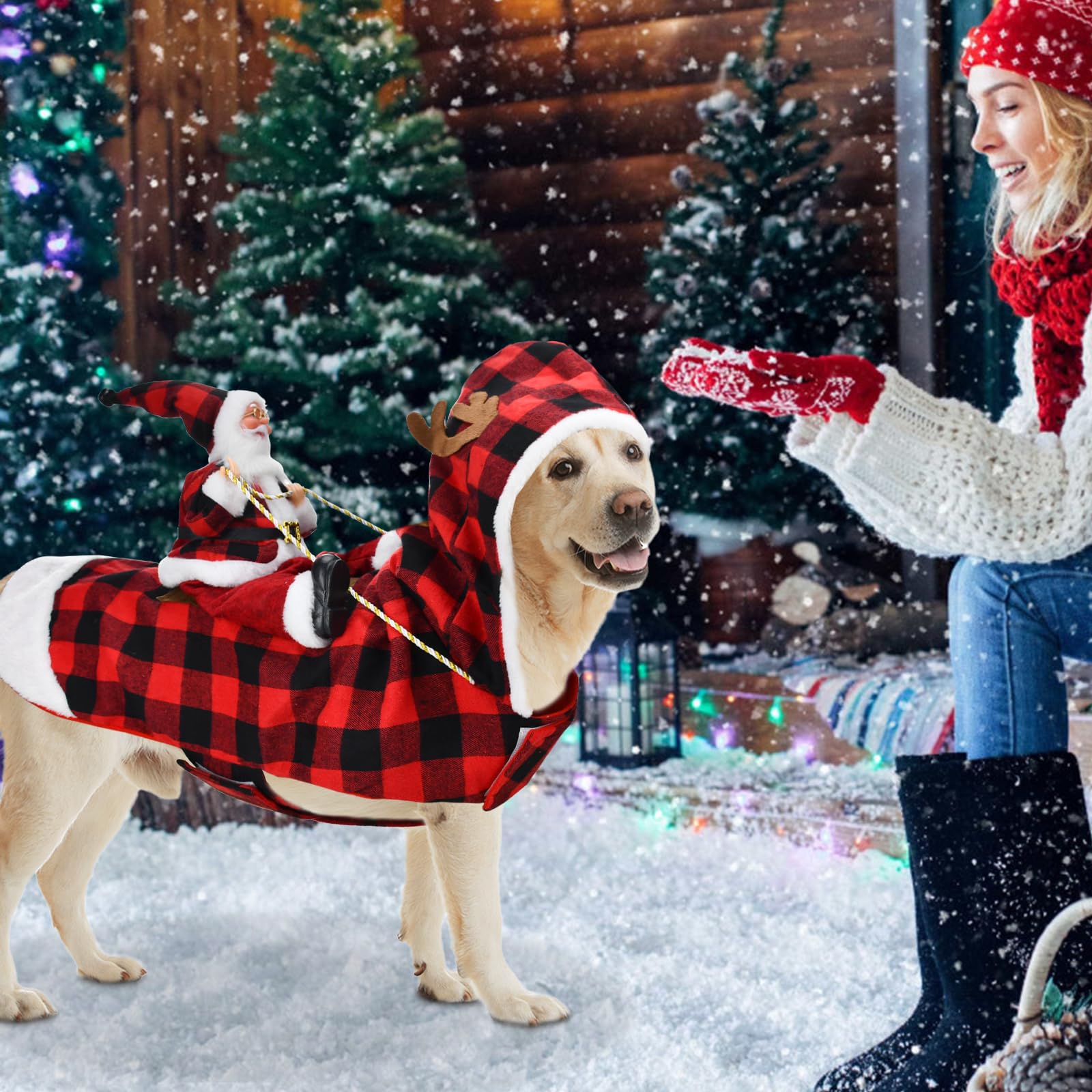 Cooshou Dog Christmas Costume - Santa Claus Riding On Pet Winter Plaid Hoodie Coat For Dog Cat Holiday Outfit Xmas Clothes M