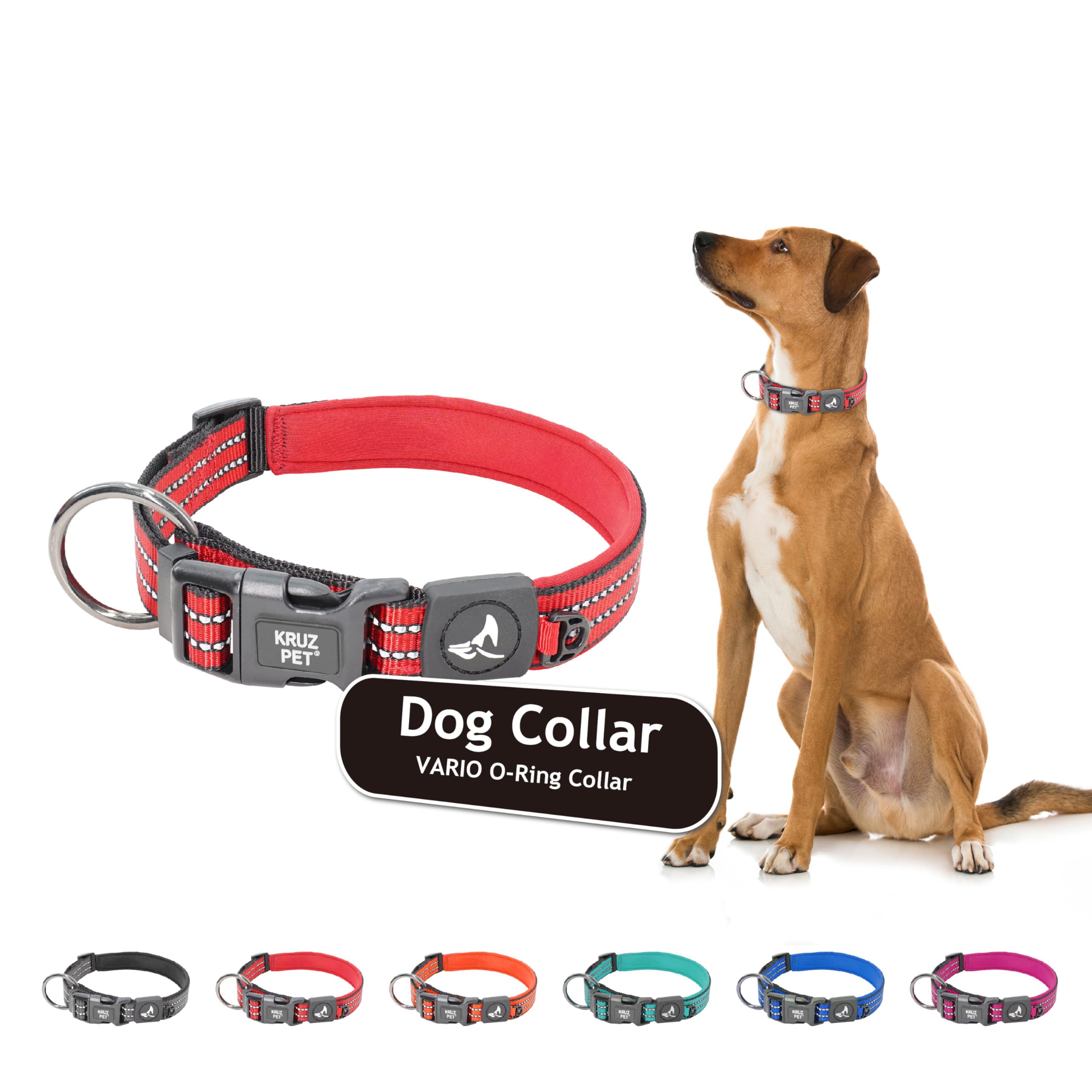 Kruz Pet Kzv006-03L Reflective Dog Collar For Small, Medium, Large Dogs, 100% Nylon Adjustable Pet Neck Collar, Heavy Duty O-Ring, Soft, Comfortable Neoprene Padding - Red - Large