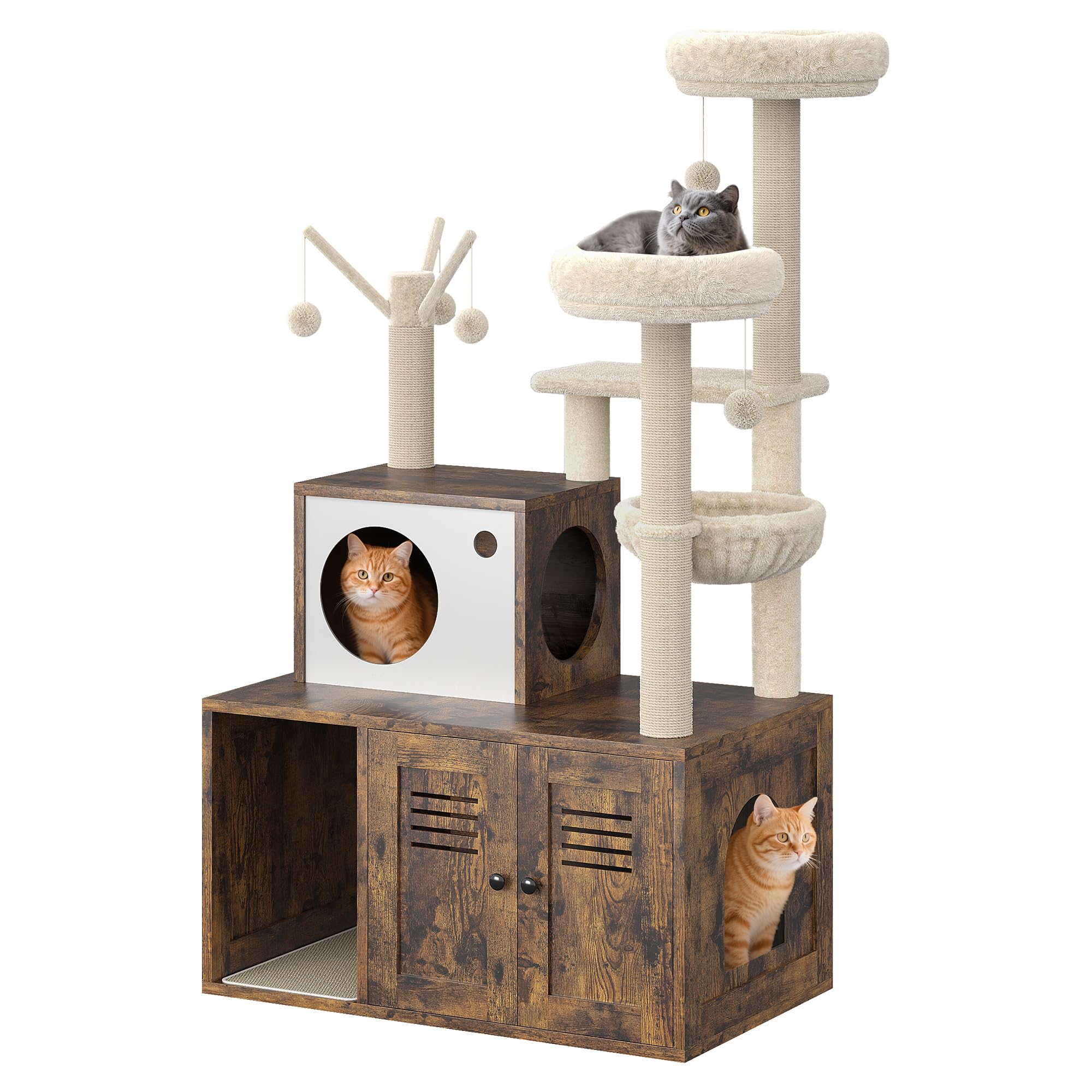 Cat Litter Box Enclosure with Tree Tower and Condo, Hidden Pet Washroom Furniture with Sisal Scratching Post,Hammocks and Soft P