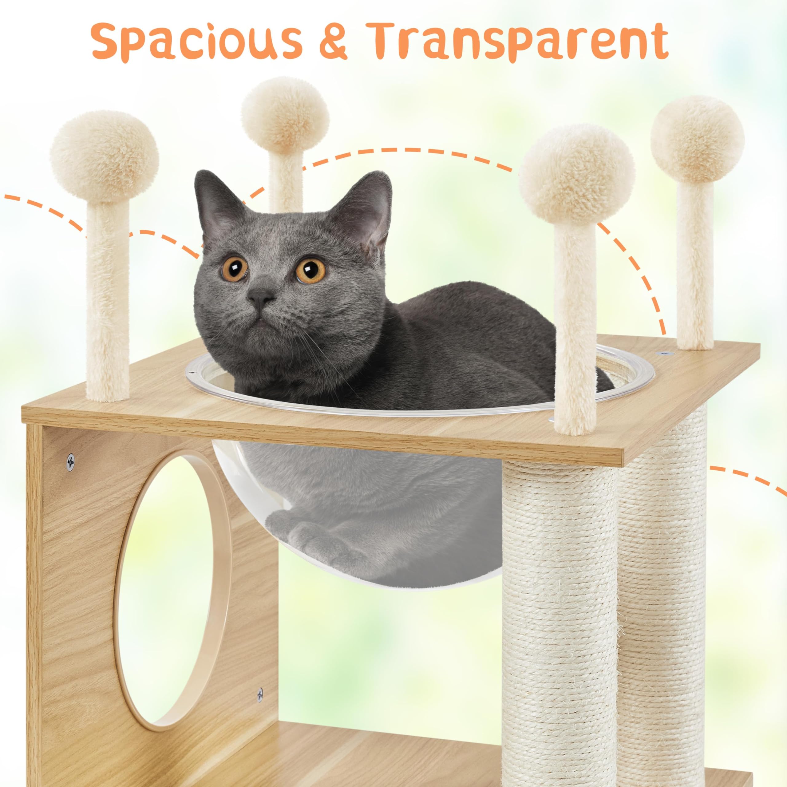 Yaheetech Wooden Cat Tree, 53In Modern Cat Tower For Indoor Cats With Scratching Posts Washable Detachable Cushion, Clear Bowl &