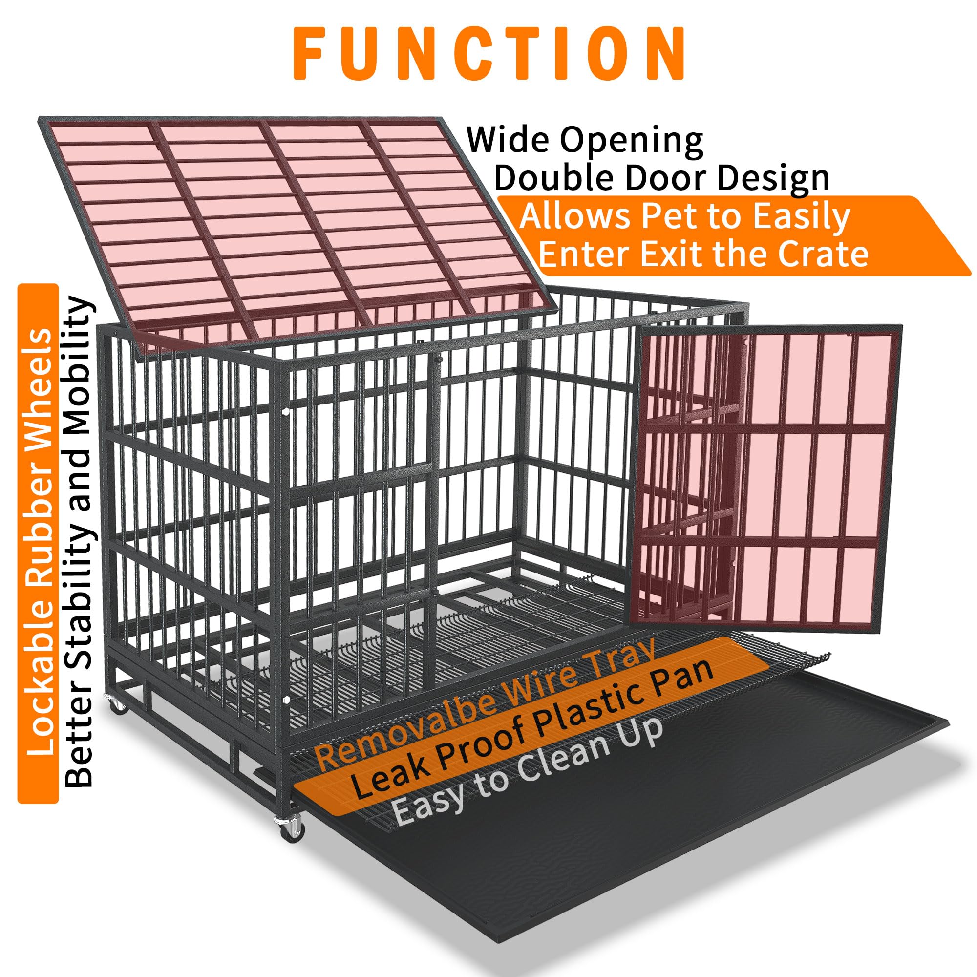Kokotangs 48 Inch Stackable Heavy Duty Dog Crate Cage With Wheels, Indestructible And Escape Proof Steel Kennel Indoor For High