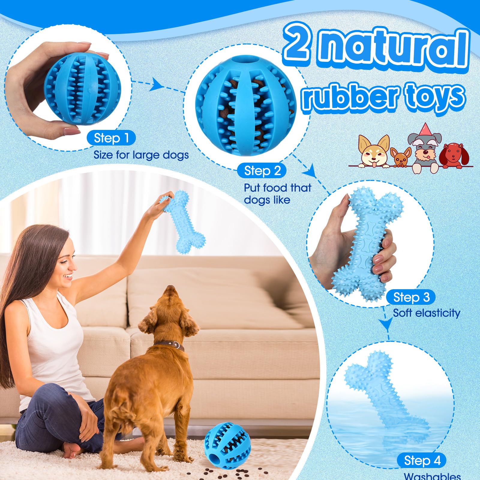 Vinsot 12 Pack Large Dog Chew Toys For Aggressive Chewers Blue Teething Toys With Dental Rope Squeaky Balls And Chew Bone For Me