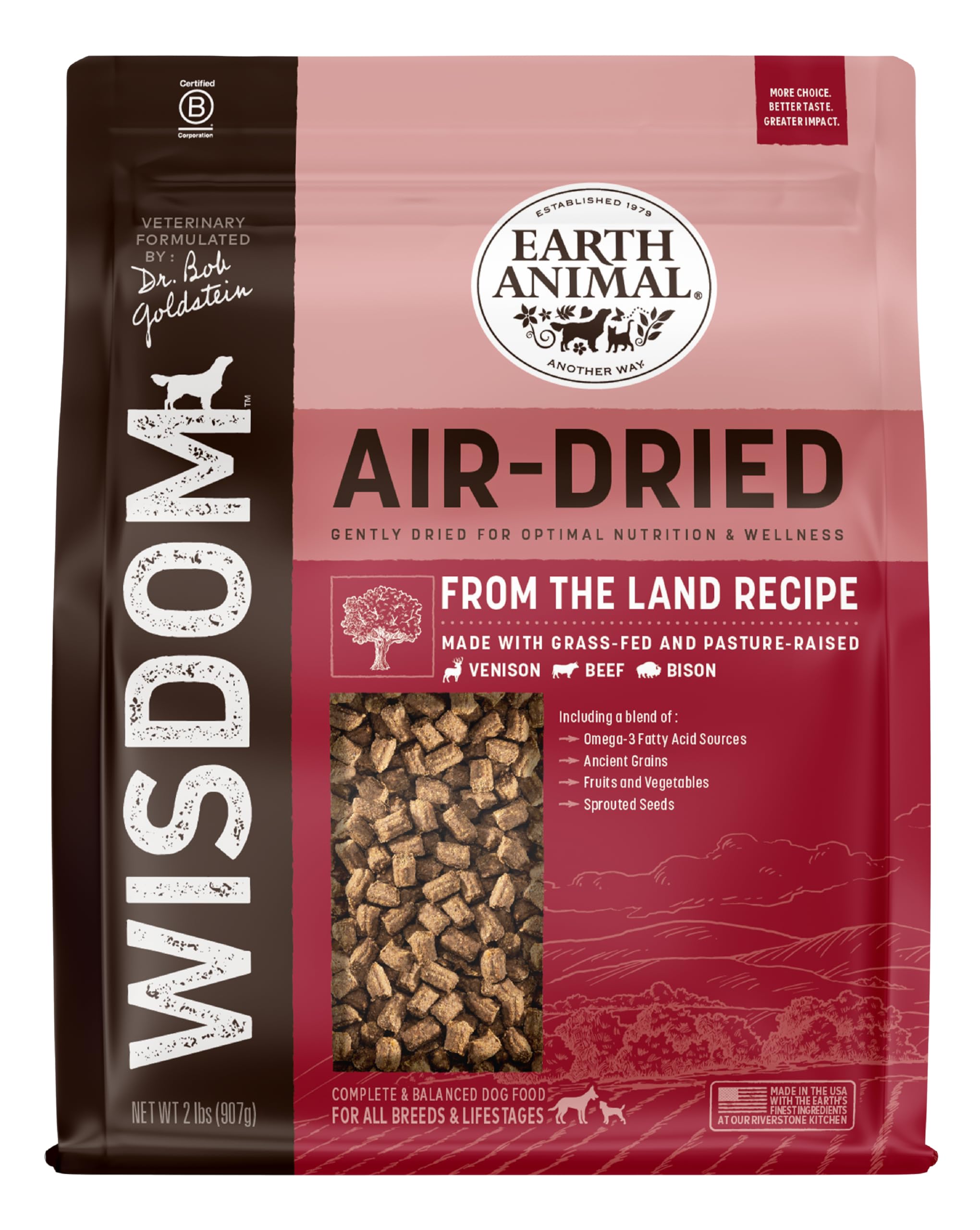 Earth Animal Wisdom Air Dried Dog Food - From the Land Recipe Premium Natural Dry Dog Food for All Breeds & Ages - 2 Lbs Bag