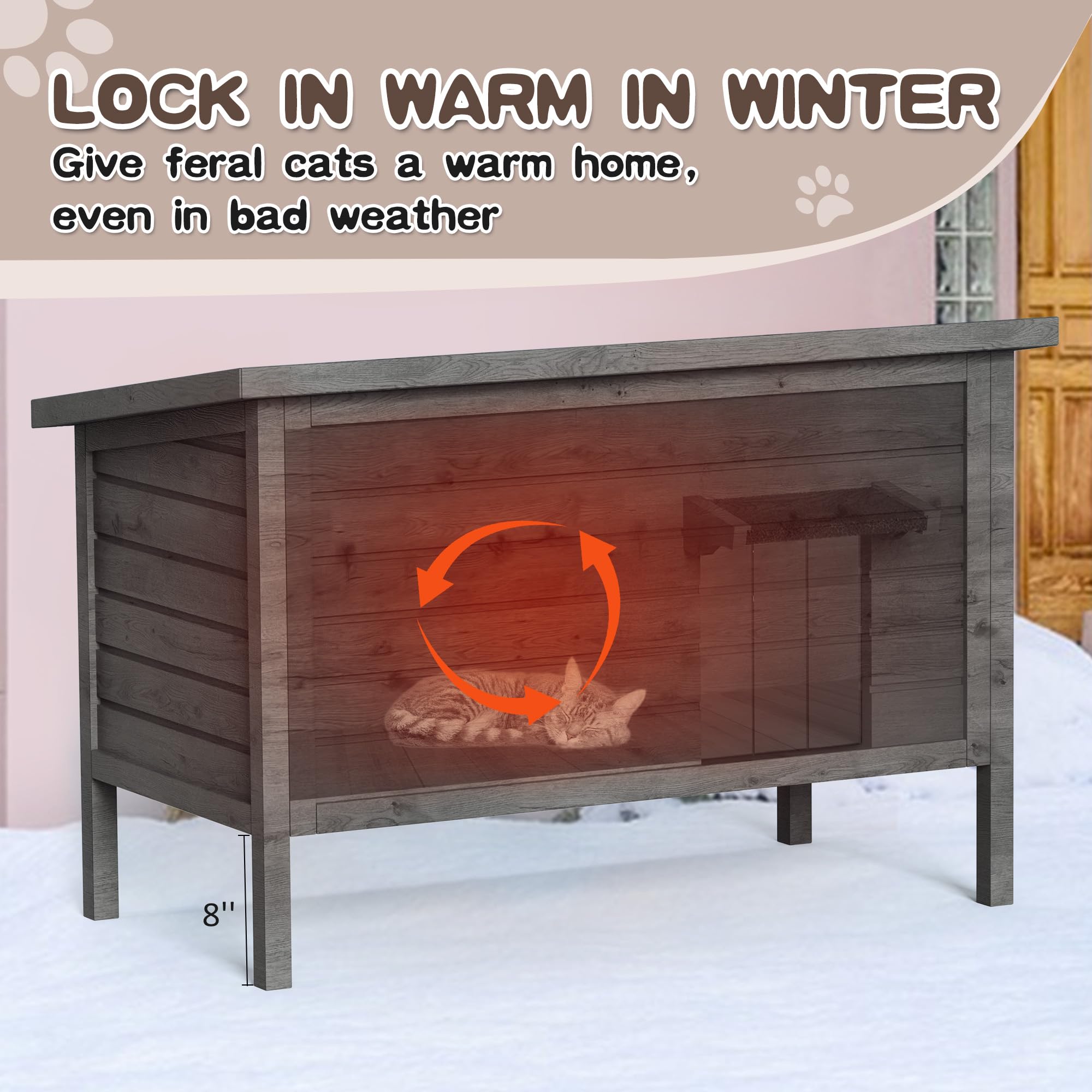 Kinchoix Cat House Outdoor Feral Cat Shelter Fully Insulated Outside Feral Cat Enclosure Wooden For Multiple Cats Possum Stray C