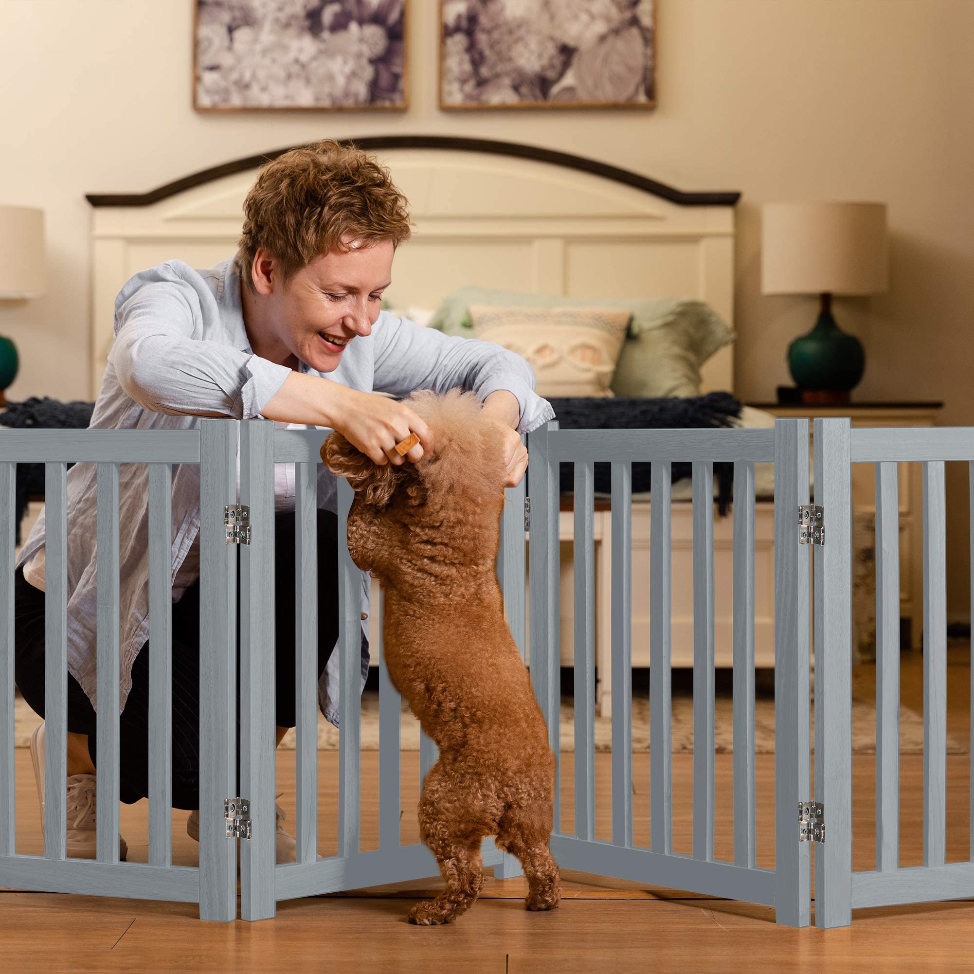 Lzrs Solid Hardwood Freestanding Pet Gate,Wooden Dog Gates For Doorways,Nature Wood Dog Gates For The House,Dog Gate For Stairs,Freestanding Indoor Gate Safety Fence,Grey,24' Height-4 Panels