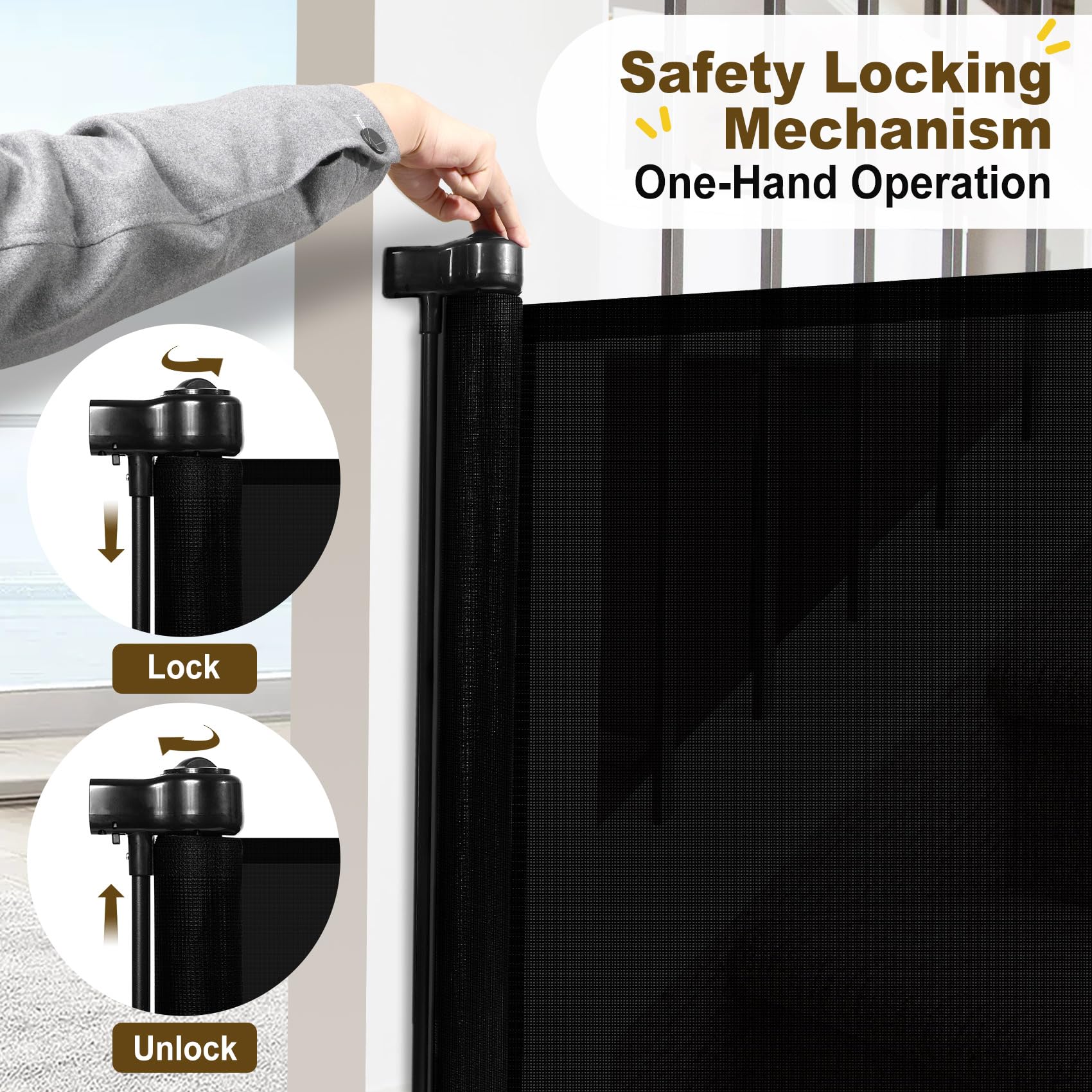 Miumoon Upgrade 71' Retractable Baby Gates With Reinforced Strip Design To Prevent Crawling Through, 48' Tall Retractable Gate For Baby And Pet, 6 Ft Baby Gates For Stairs, Doorways, Hallways(Black)