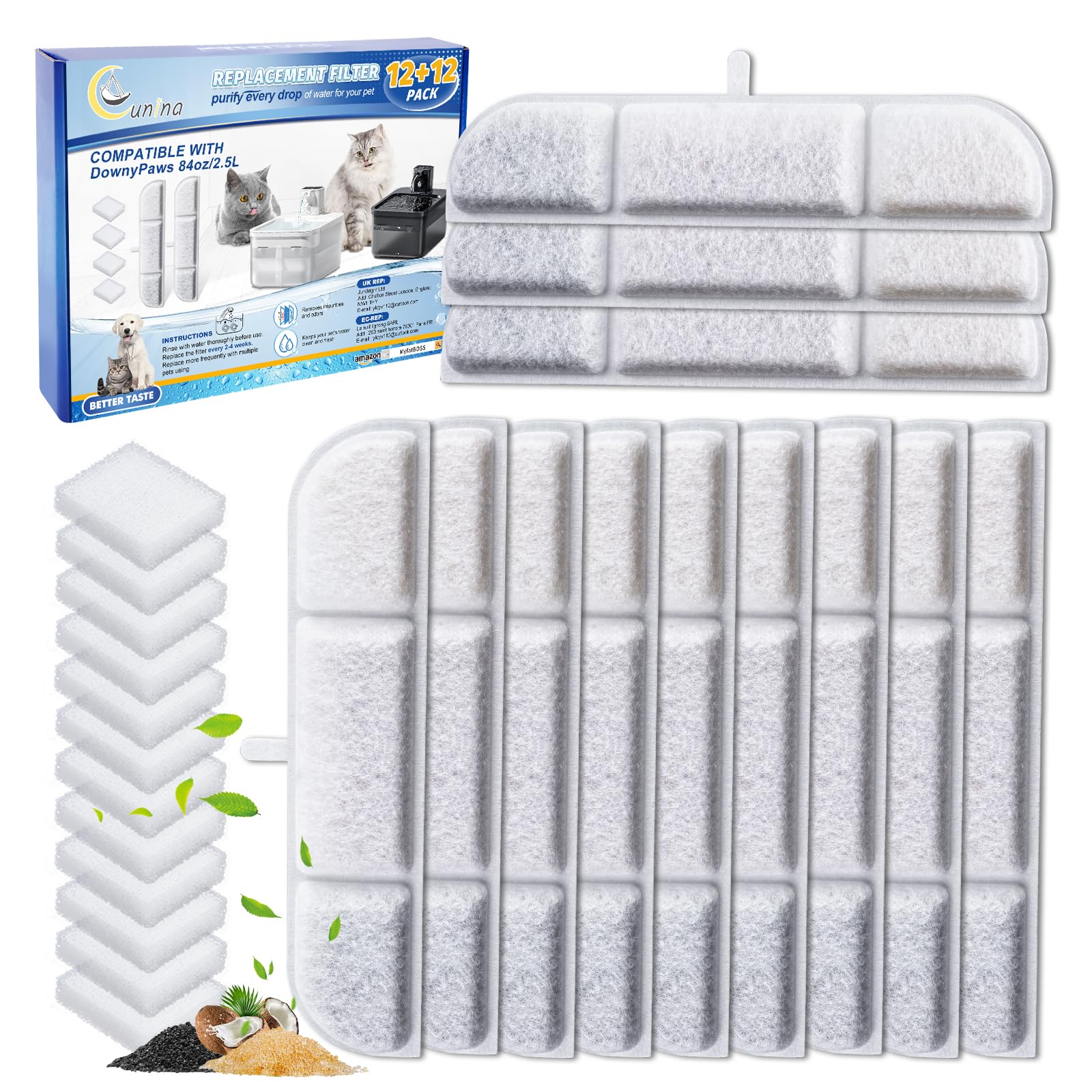 Cunina 12+12 Packs Replacement Filters Compatible With Downypaws Wireless Cat Water Fountain 84Oz/2.5L,Cat Fountain Filter For B
