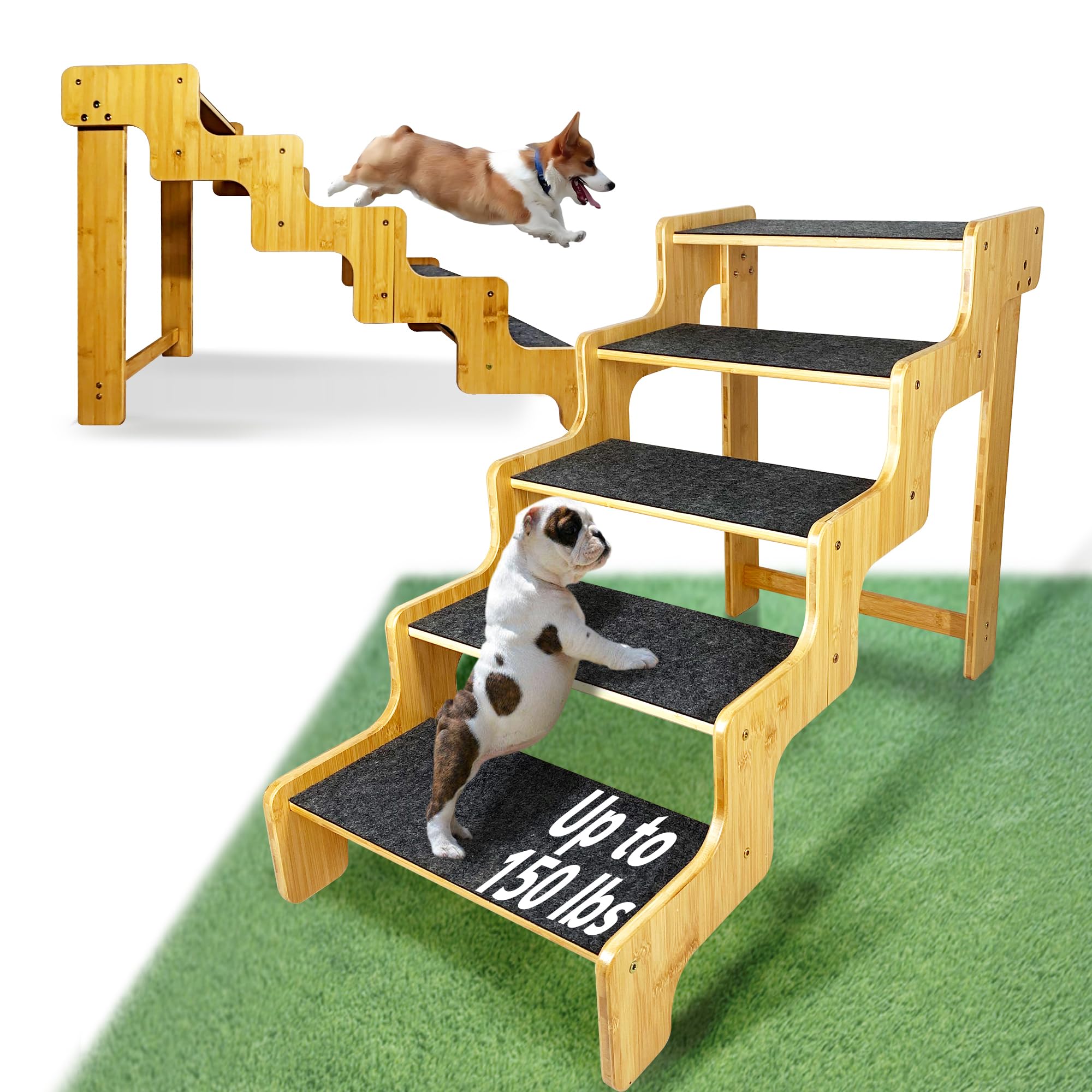 Gxone Dog Steps For Bed, 5-Step Bamboo Stairs, 24 Inches High, Supports Dogs Up To 160 Lb
