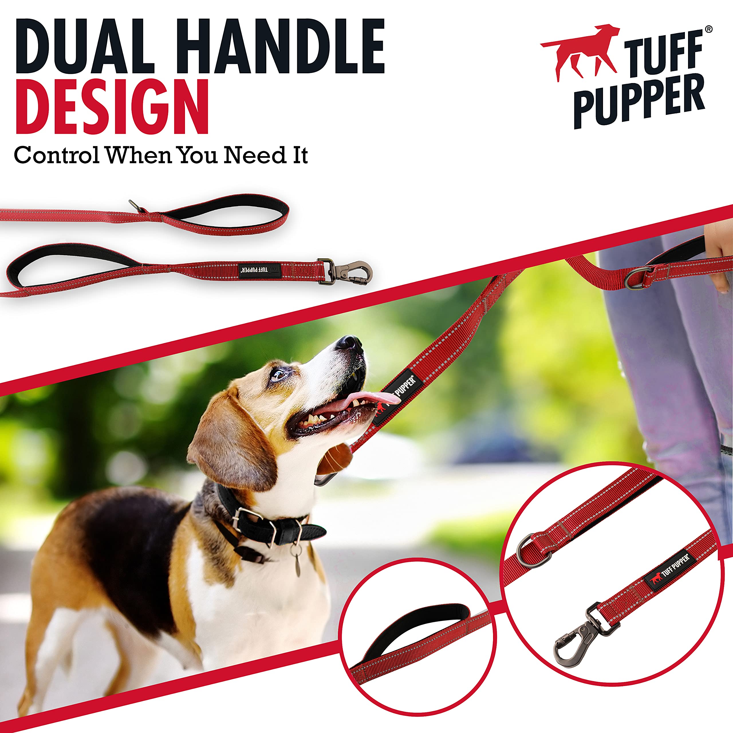 Tuff Pupper Heavy Duty Double Handle Leash - Twist Lock Carabiner Clip For Strong Medium & Large Dogs - Reflective, 6Ft