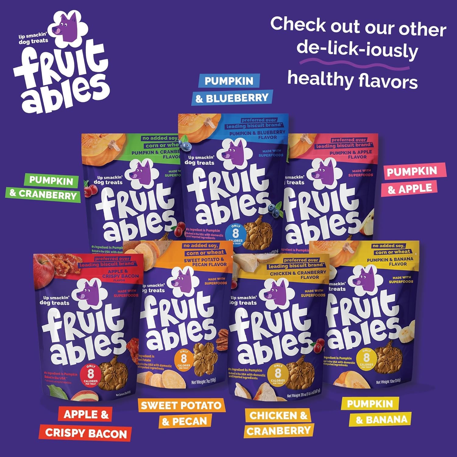 Fruitables Baked Dog Treats Variety Pack of 8 (Pumpkin & Apple, Banana, Blueberry, Cranberry - 7 oz (8 Pack)