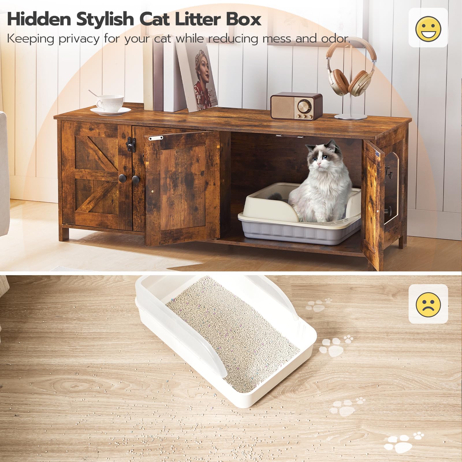 Hoobro 47.2'' Double Litter Box Enclosure, Hidden Litter Box Furniture With Double Rooms, Wooden Tv Stand With Storage, Dual Cat