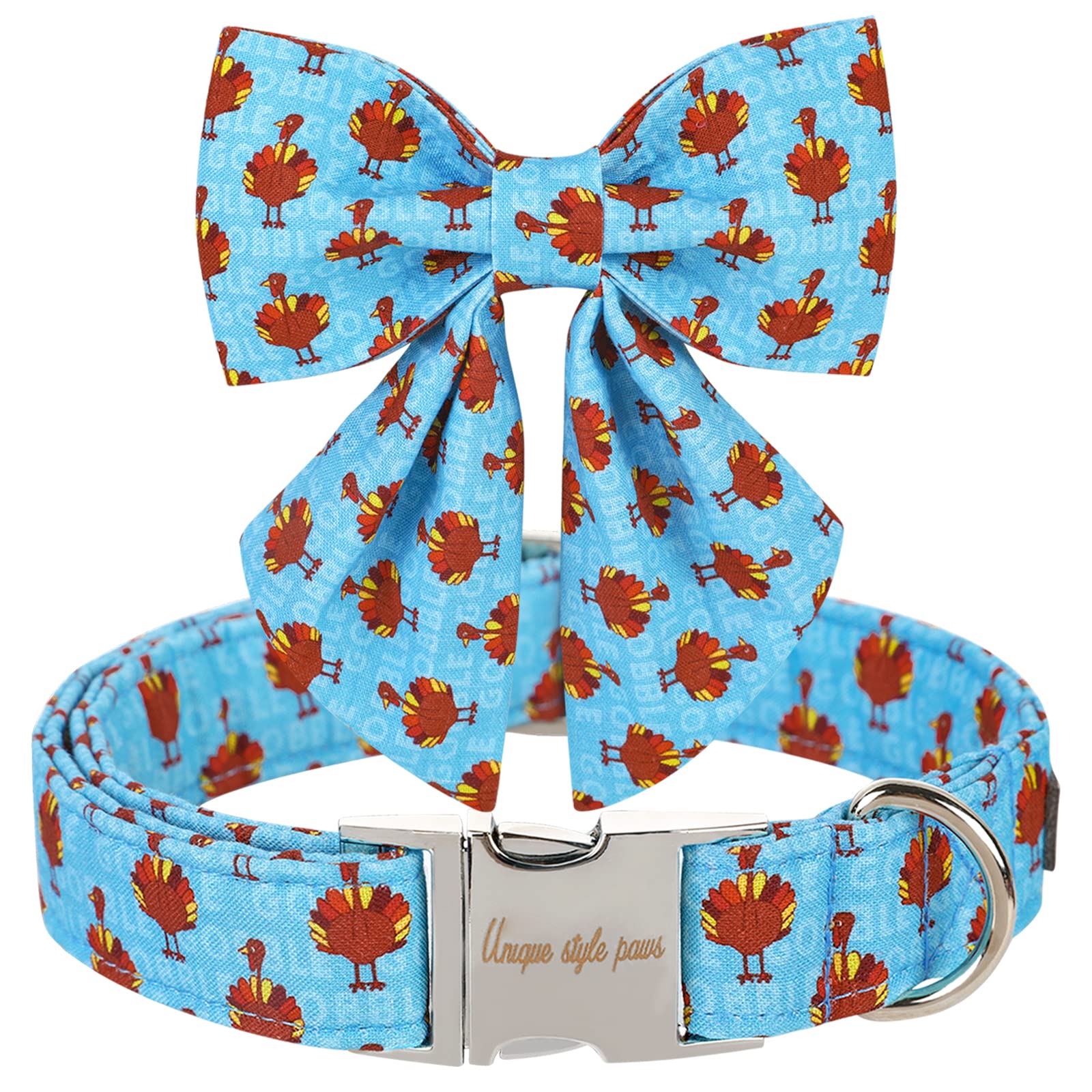 Unique Style Paws Thanksgiving Dog Collar With Bow Tie Blue Turkey Puppy Collar For Small Medium Large Dogs As Autumn Winter Pet
