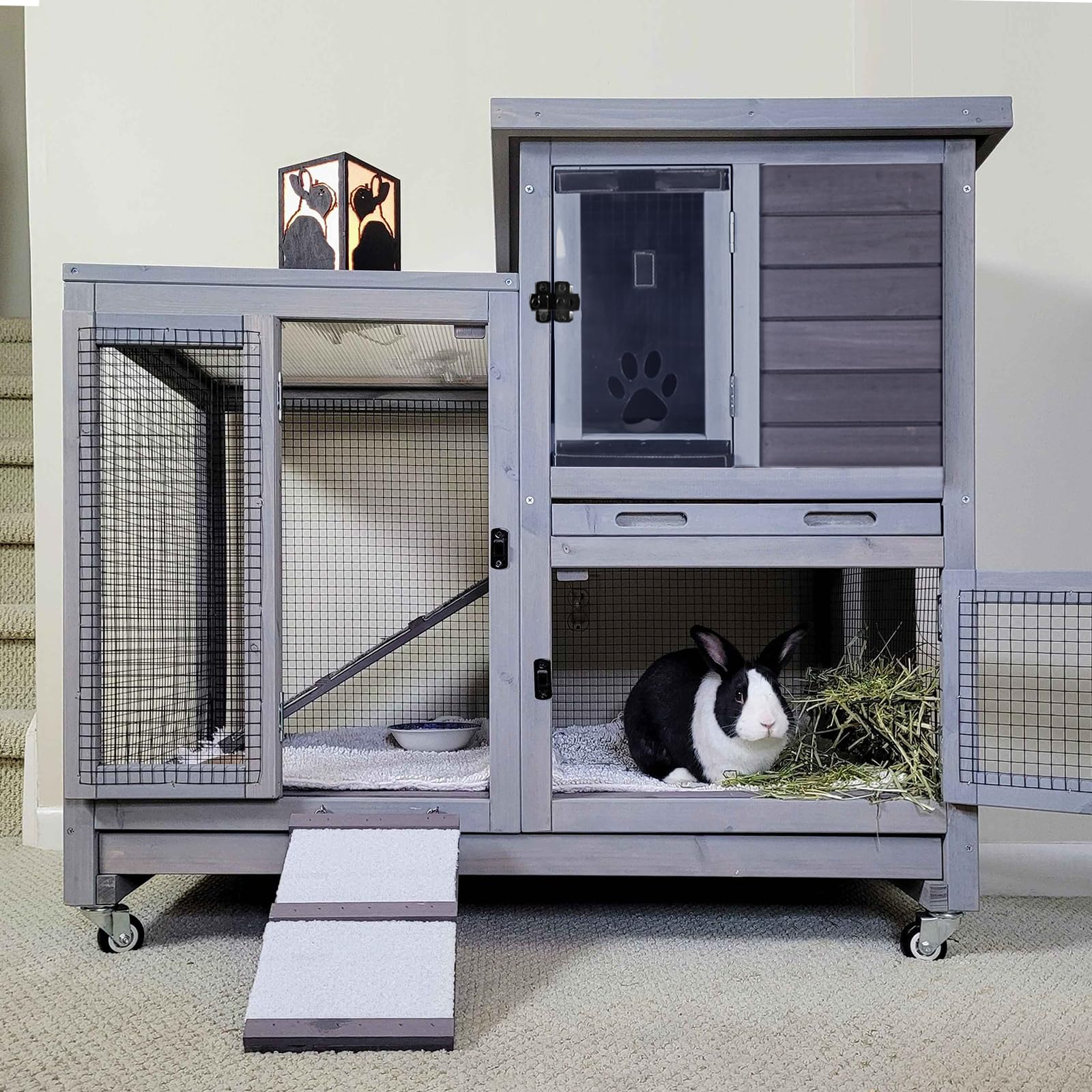 Rabbit Hutch Indoor Rabbit Cage, Large Bunny Hutch Outdoor with Wheels-Removable Wire Netting Include