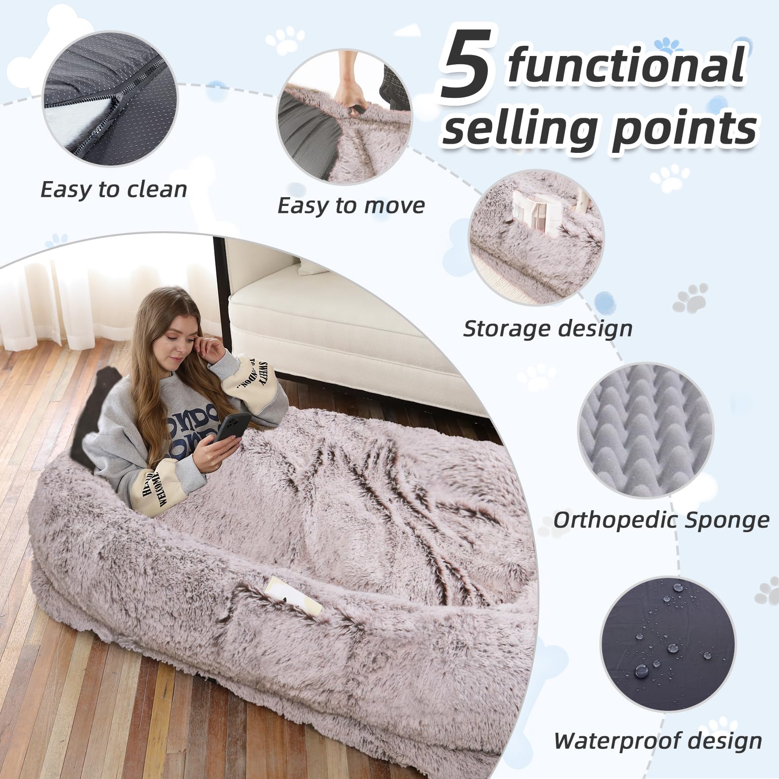 Human Dog Bed, 71x45x12 Size Fits You and Pets, Washable Faux Fur Pet Bed for People Doze Off, Napping Orthopedic Dog Bed,