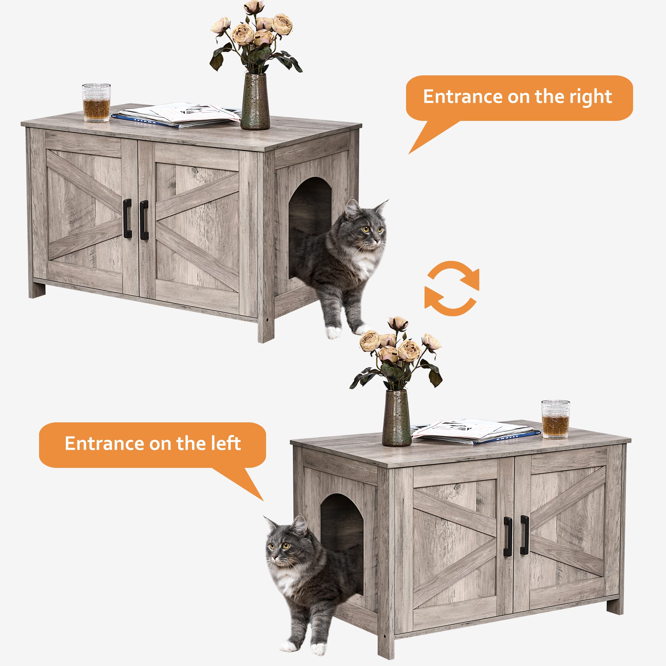 Homhedy Cat Litter Box Enclosure,Litter Box Furniture Hidden With Barn Door,Wooden Cat Washroom Furniture,Cat House,Fit Most Of Litter Box, Greige