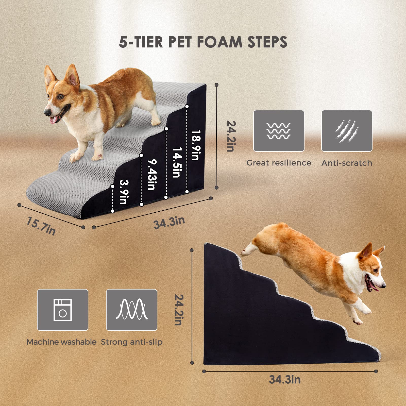 24 Inch Dog Stairs - 5 Steps For High Beds 24-28'' High, Non Slip Foam Ramp For Small Dogs/Cats & Older Pets