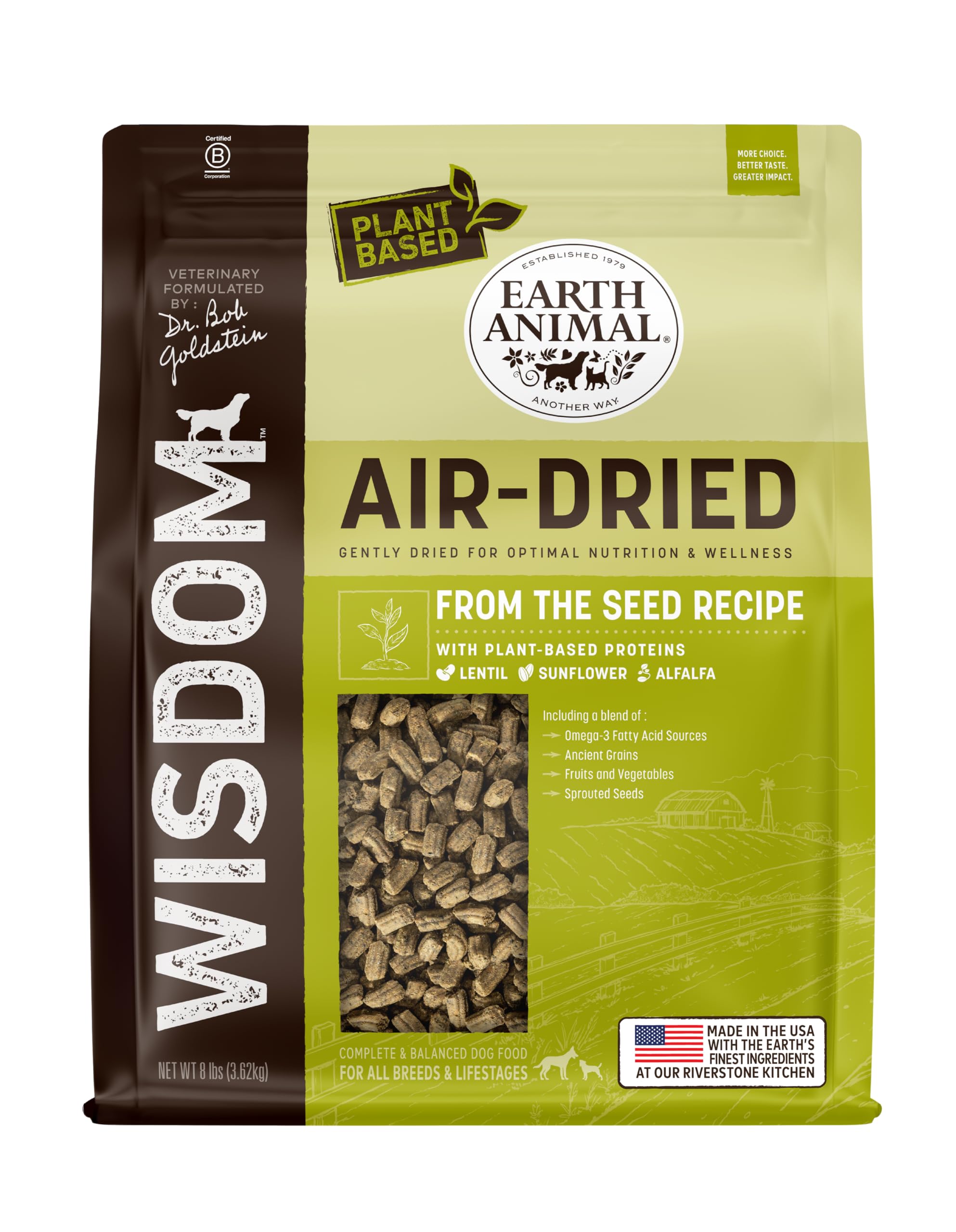 Earth Animal Wisdom Air Dried Dog Food - From the Seed Recipe Premium Natural Dry Dog Food for All Breeds & Ages - 8 Lbs Bag