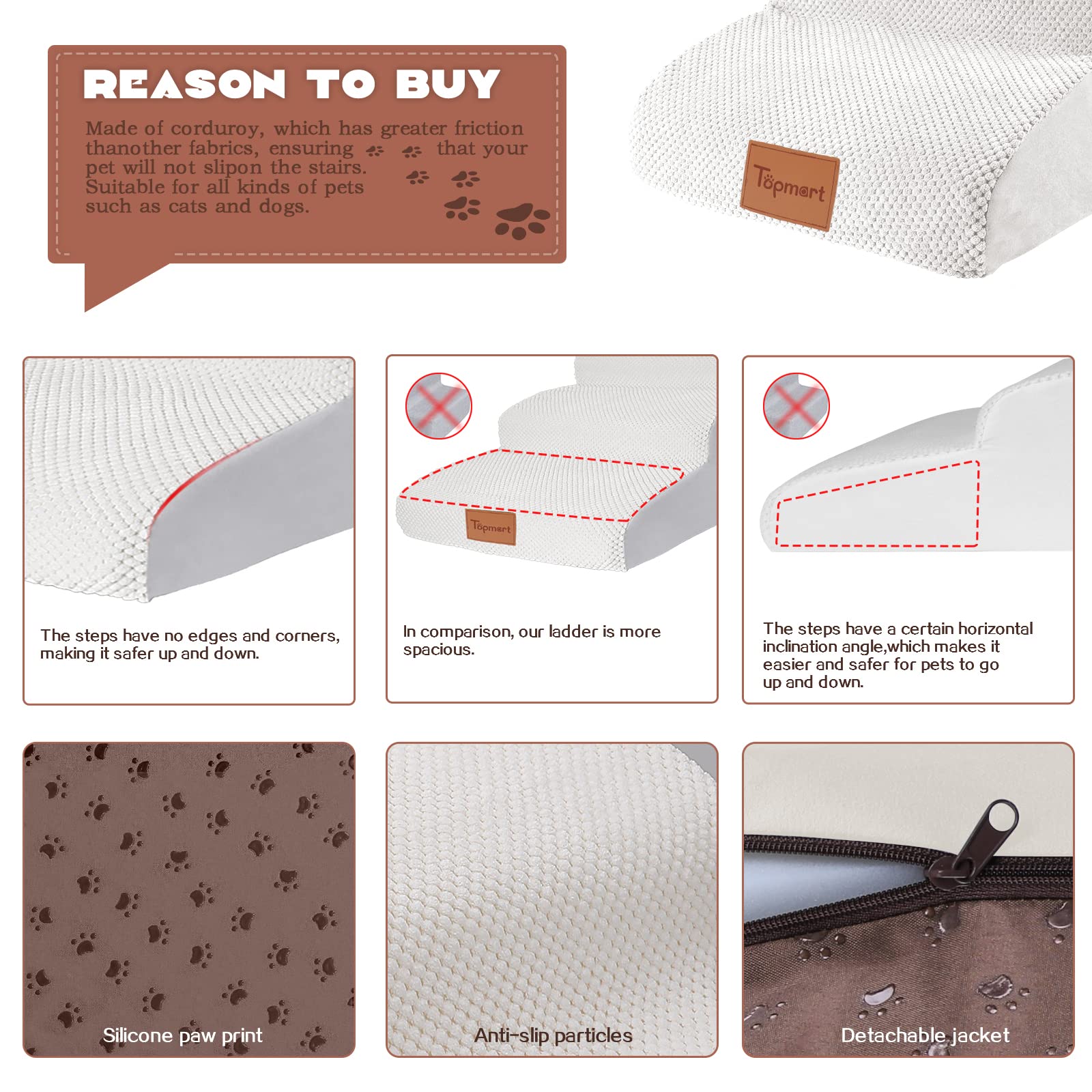 Topmart High Density Extended Foam Dog Ramp&Steps 3 Tiers,15.7' High,Non-Slip Dog Stairs,Soft Foam Dog Ladder,Best For Dogs Injured,Older Cats,Pets With Joint Pain, Color White