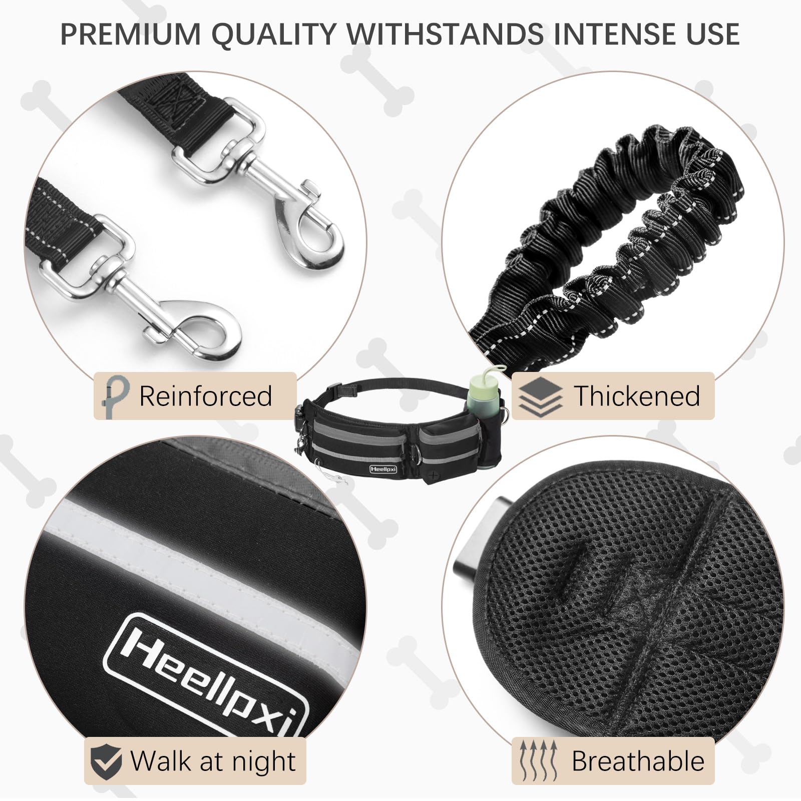Heellpxi Hands-Free Dog Leash With Pouch, Waist Attachment For Walking Two Dogs, Reflective Stitching, Dual Handle, Bungee Retra