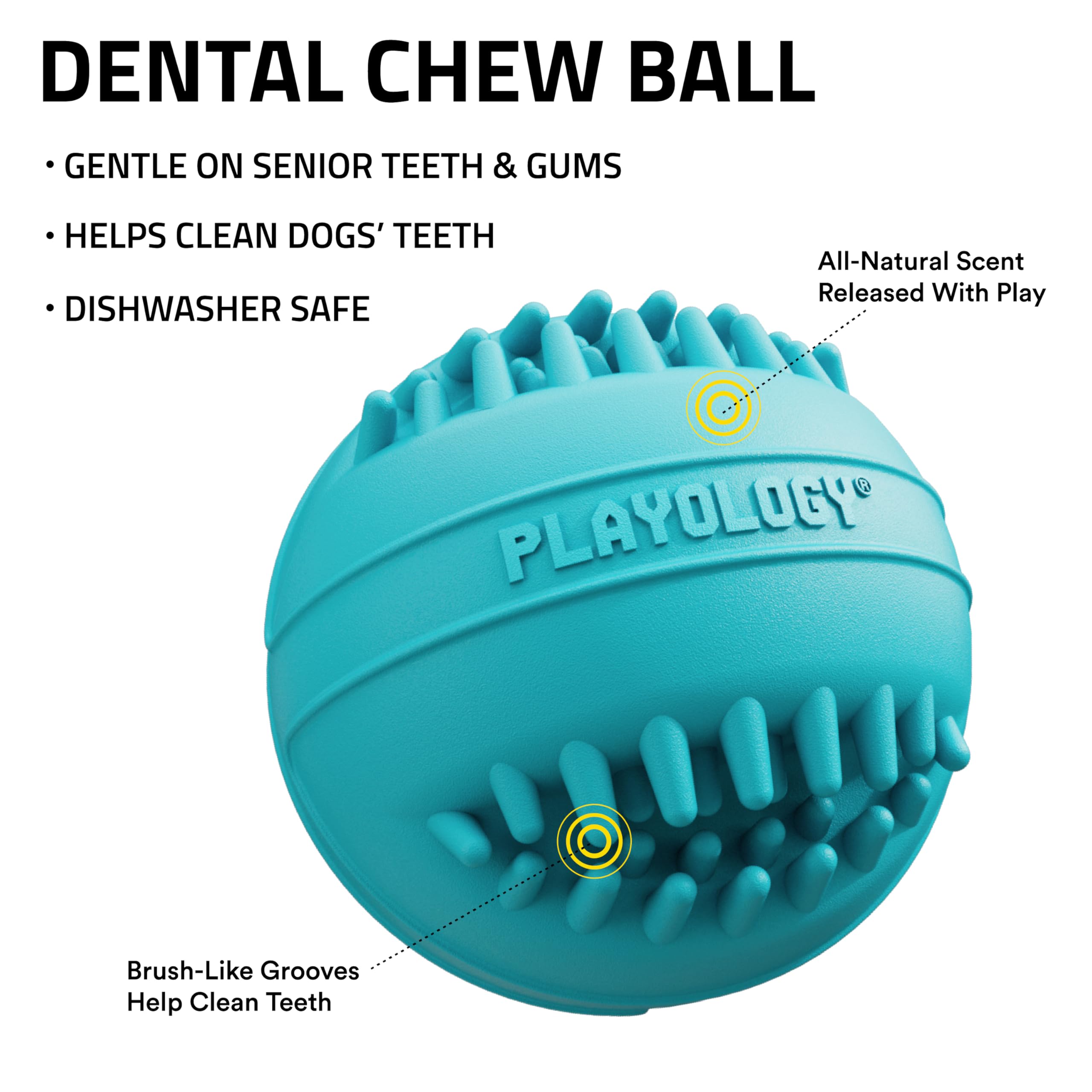 Playology Silver Dental Chew Ball For Medium Senior Dogs Up To 50Lbs | Engaging All-Natural Peanut Butter Scented Dog Chew Toy |