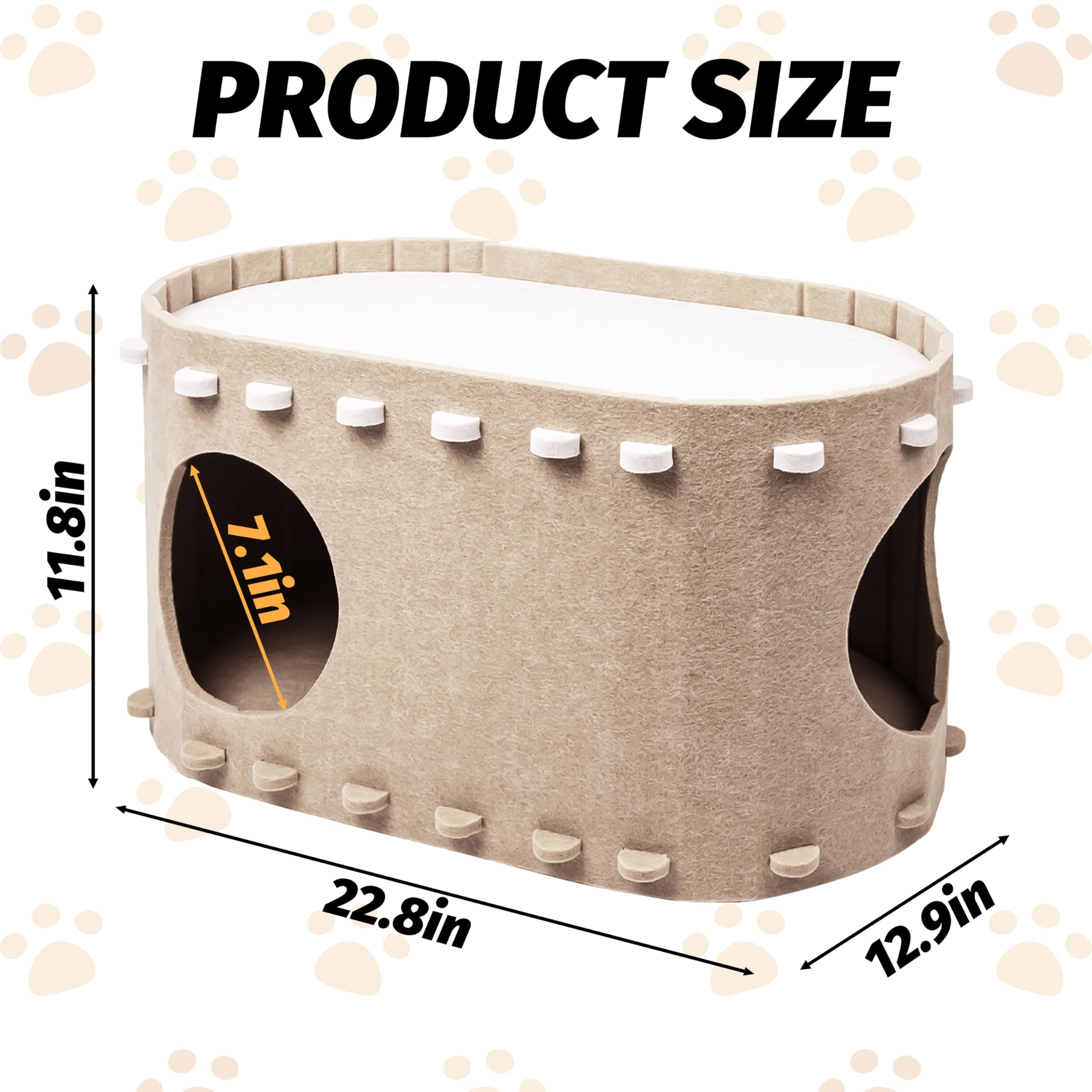 Cat House For Indoor Cats, Foldable Kitten Hideaway, Natural Wool Felt Covered Cat Tunnel Bed, Peekapurr Cat Cave