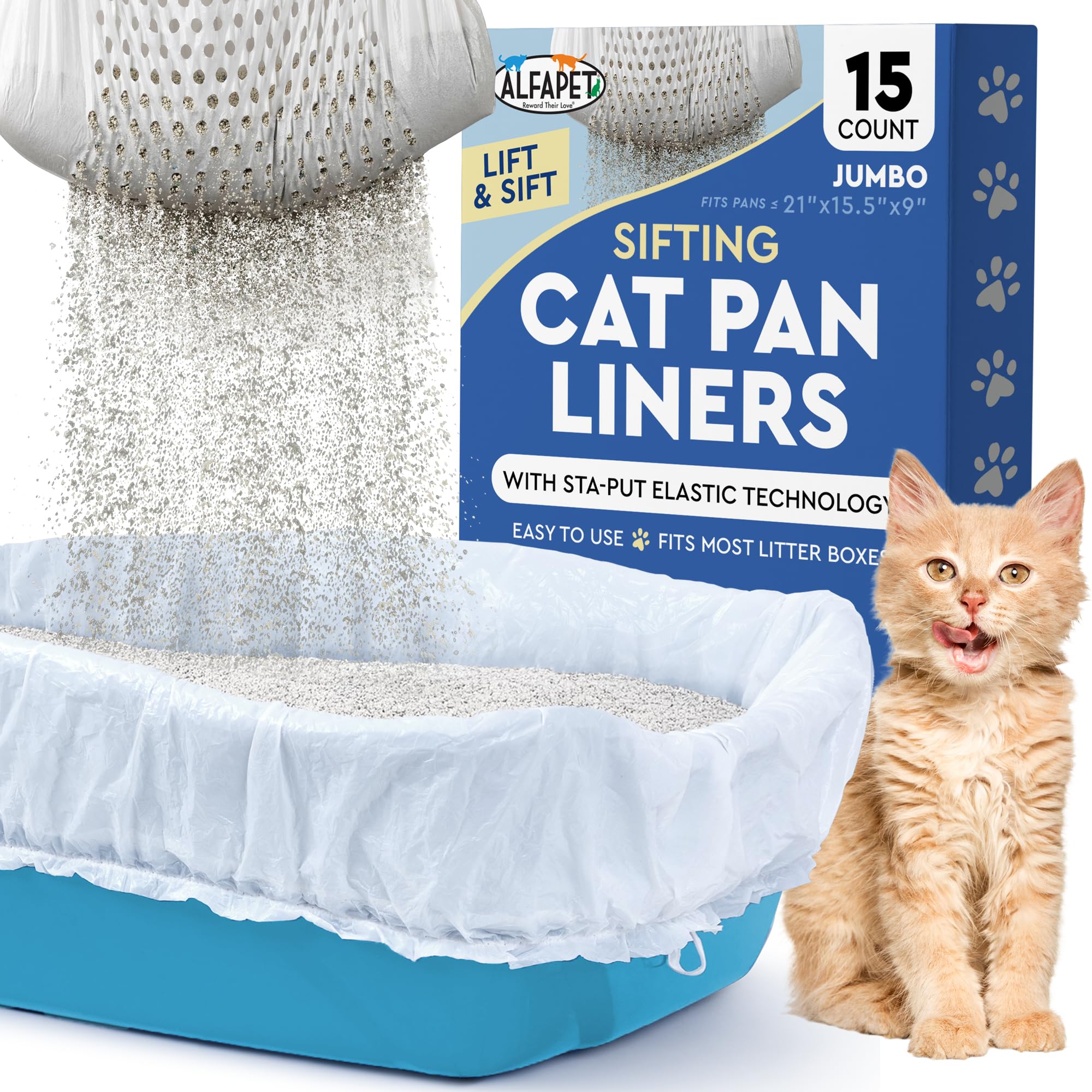 Alfapet Sifting Cat Litter Box Liners - Jumbo 15 Count, Pack Of 5 - Tear-Resistant Cat Litter Bags, Waterproof Kitty Litter Liners, Fits Litterbox Pan Sizes X-Large, X-Giant, 37' X 18' 30 Lb Capacity
