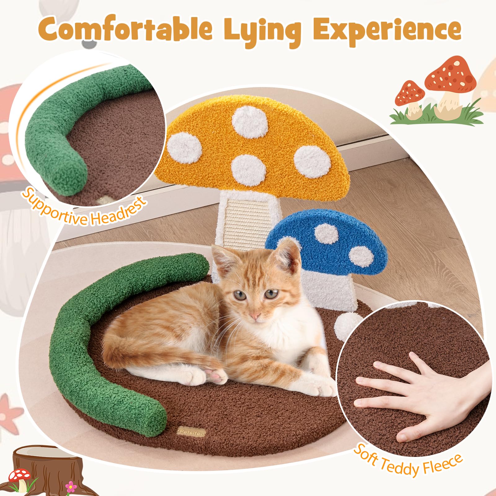 Petsite Mushroom Cat Tree For Indoor Cats, Modern Small Cute Cat Tree With Natural Sisal Scratching Board, And Teasing Spring Ba