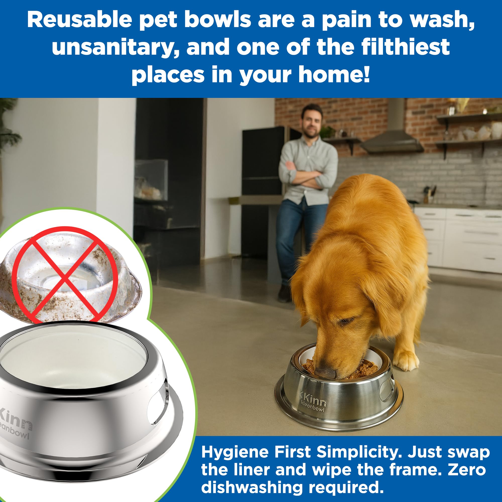 Kinn Kleanbowl Pet Bowl Stainless Steel Frame with Compostable Refills, 24 oz (Pack of 1) - Spill-Proof Stable Disposable Dog Bo
