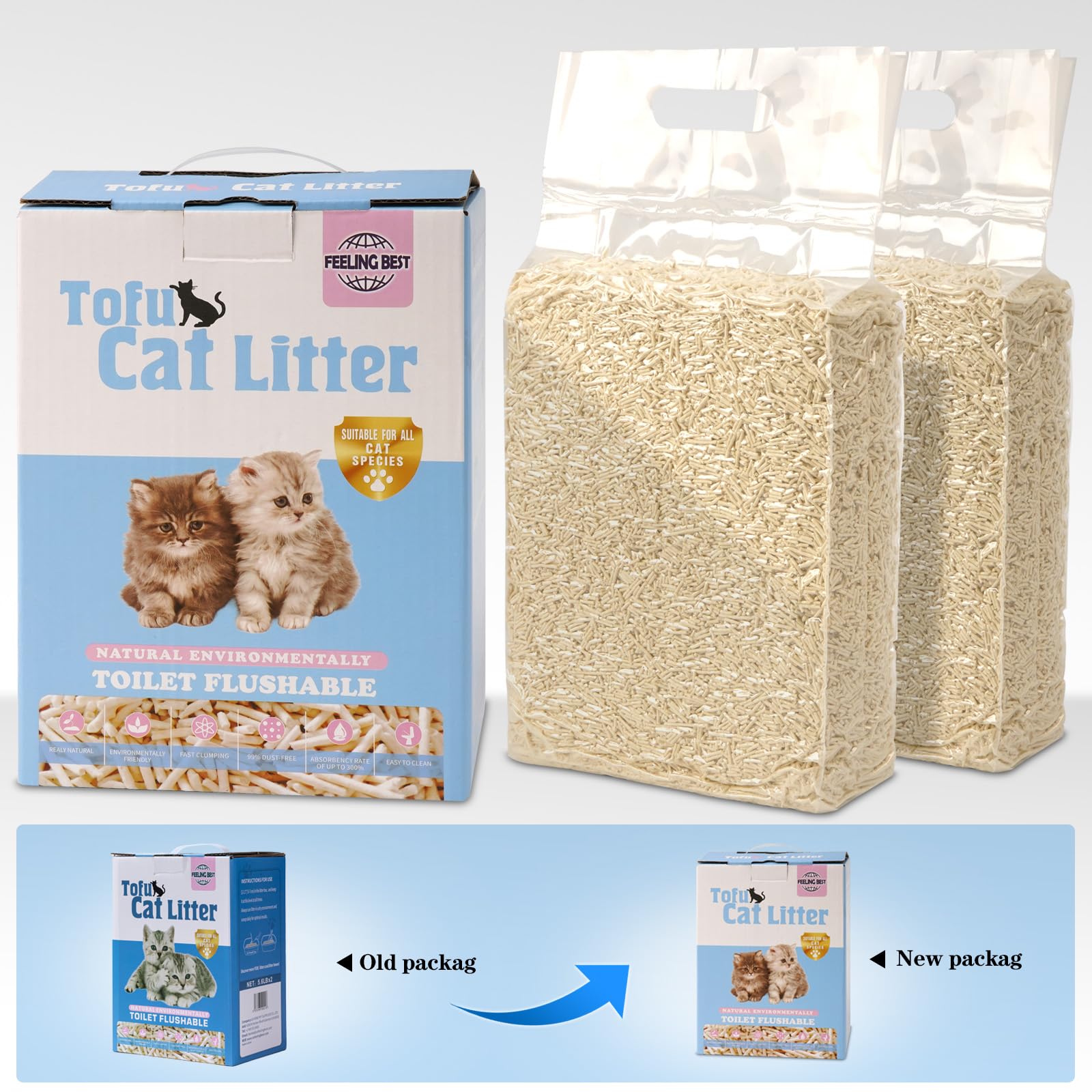 Feeling Best Tofu Cat Litter 11.2Lb(5.6Lb  2Bag) Clumping, 100% Natrual Raw Materials, Clumping,Flushable,Ultra Absorbent And Fa