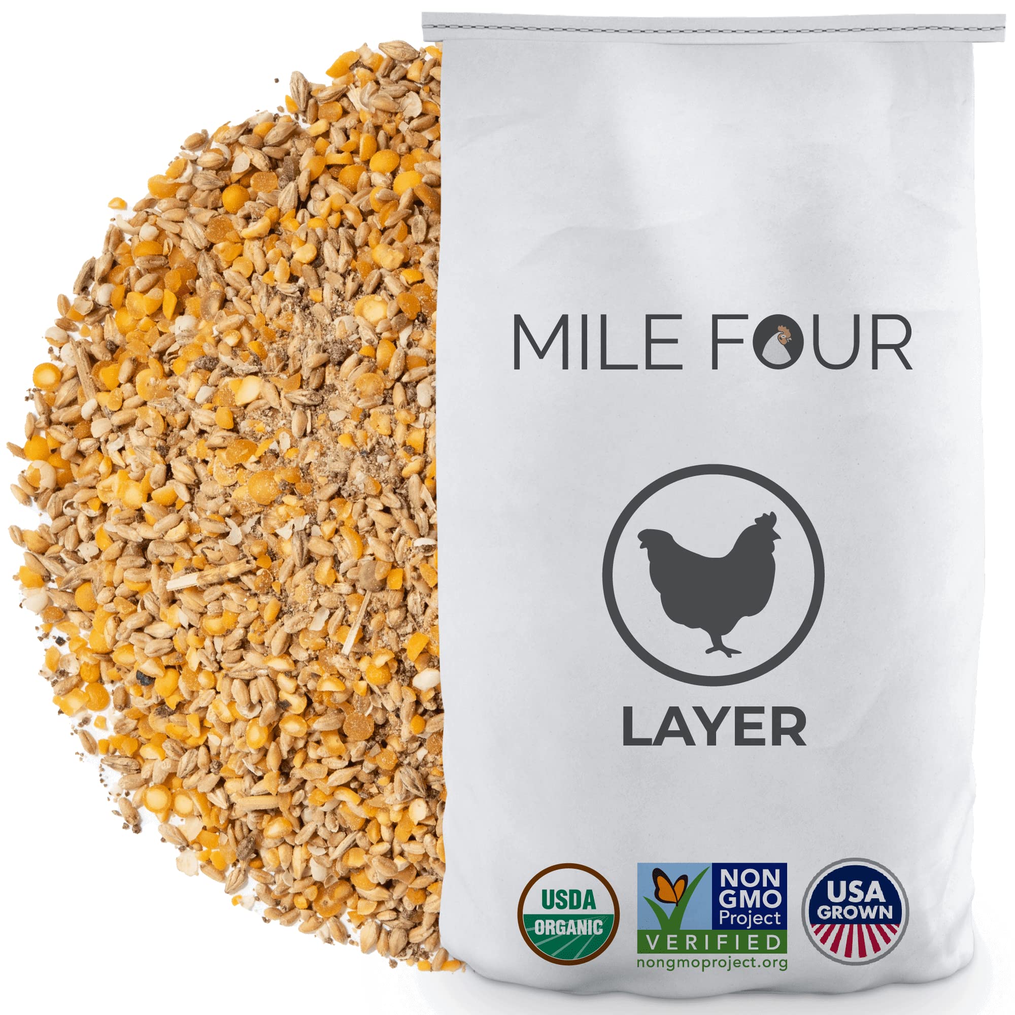 Mile Four Organic Layer Chicken Feed - Non-GMO, Corn-Free, Soy-Free - 23 lbs - 16% Protein for Chickens, Ducks, Geese & Gamebirds
