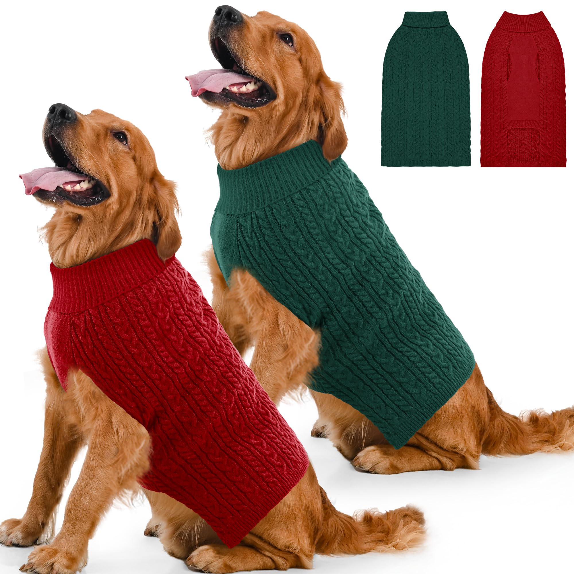 Lorehelina 2 Pack Dog Sweaters for Large Dogs Winter Turtleneck Pullover Cable Knit Fleece Stretch Pitbull Labrador Golden Retri