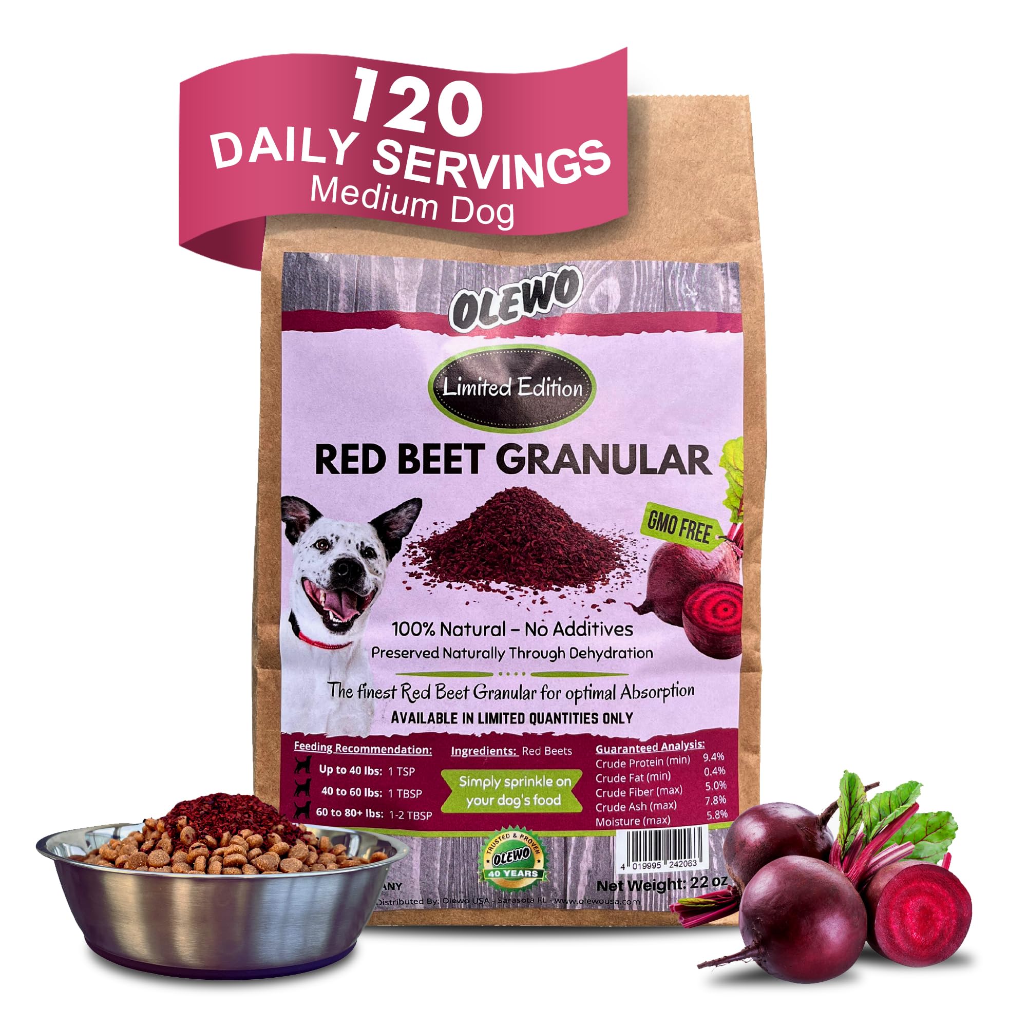Olewo Red Beets for Dogs Granular - Internal Support Dog Food Topper for Skin Sensitivity and Overall Balance, Prebiotic Fiber a