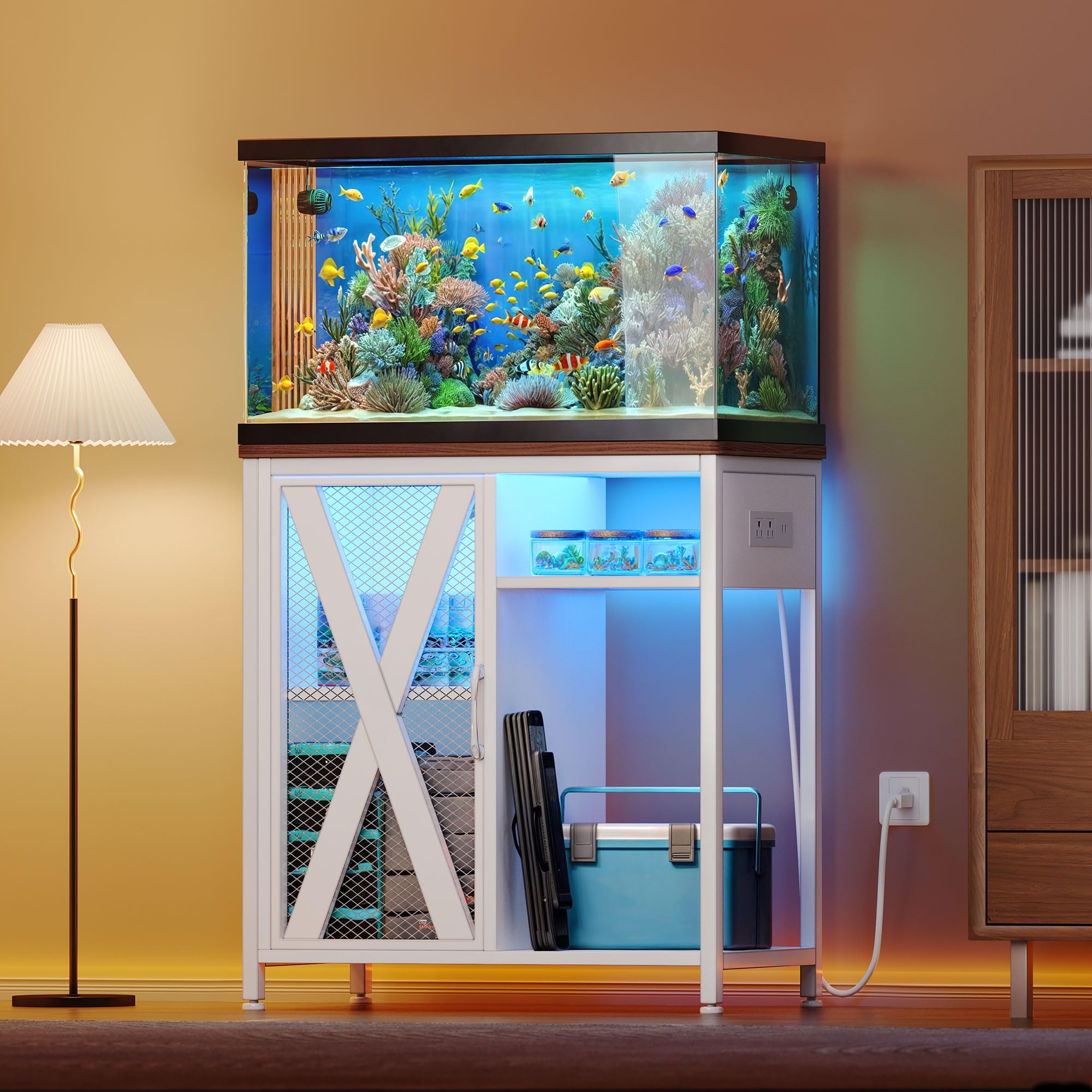 YITAHOME Fish Tank Stand with Power Outlets & LED Light, 20-29 Gallon Metal Aquarium Stand with Cabinet for Fish Tank Accessorie